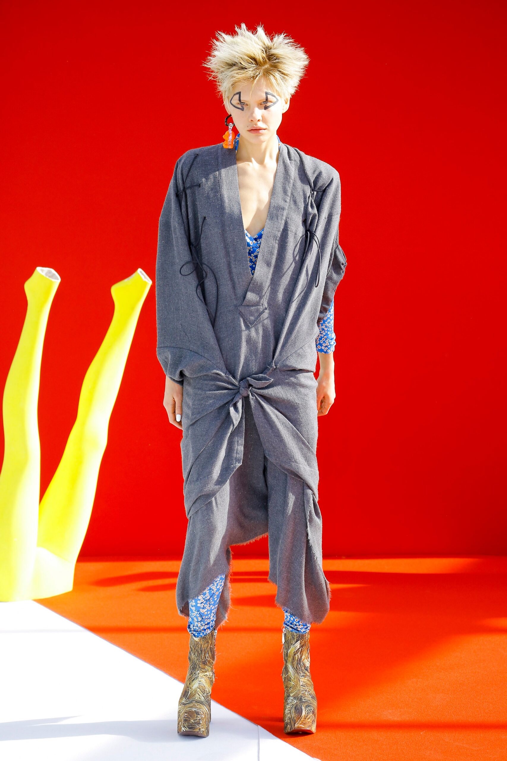 gray denim sleeveless v-neck relaxed draped zippered jumpsuit
