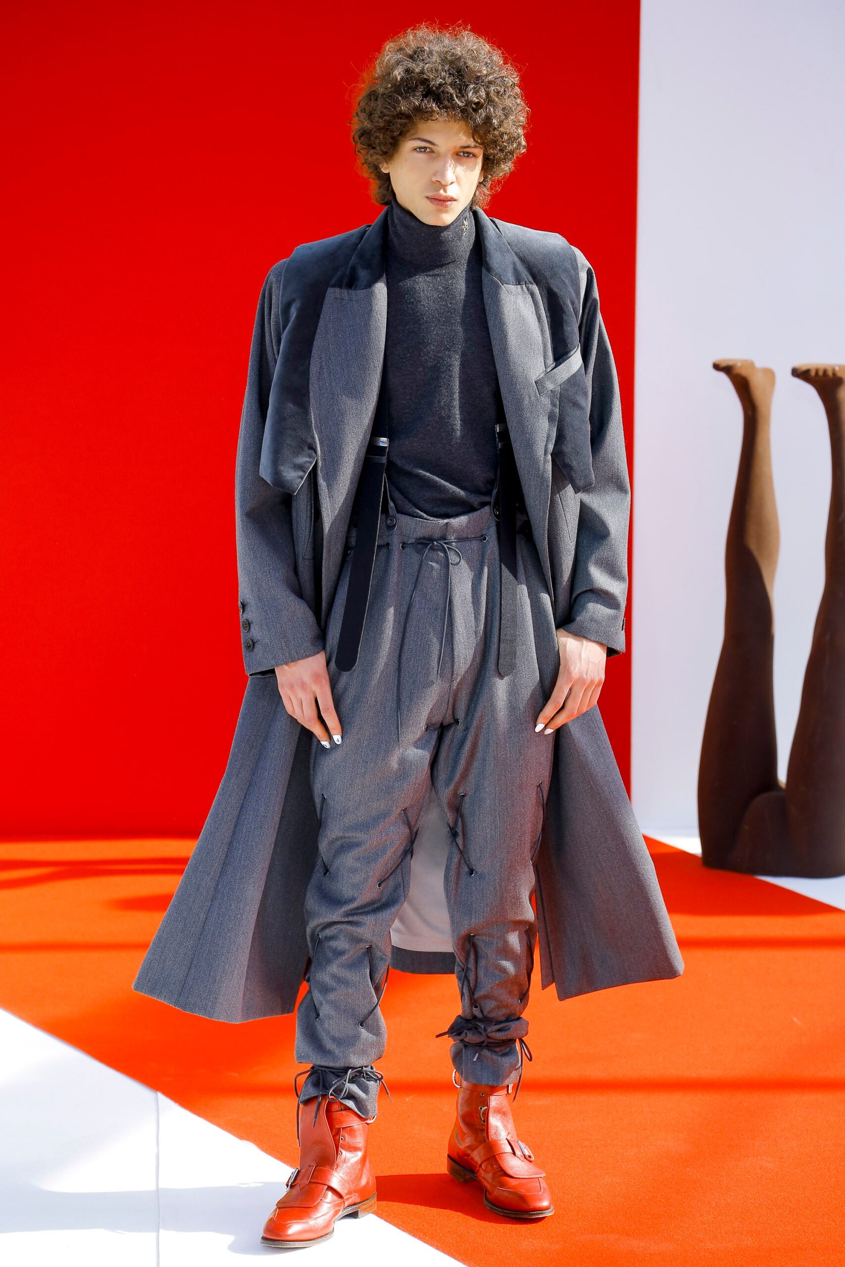gray wool coat with black top
