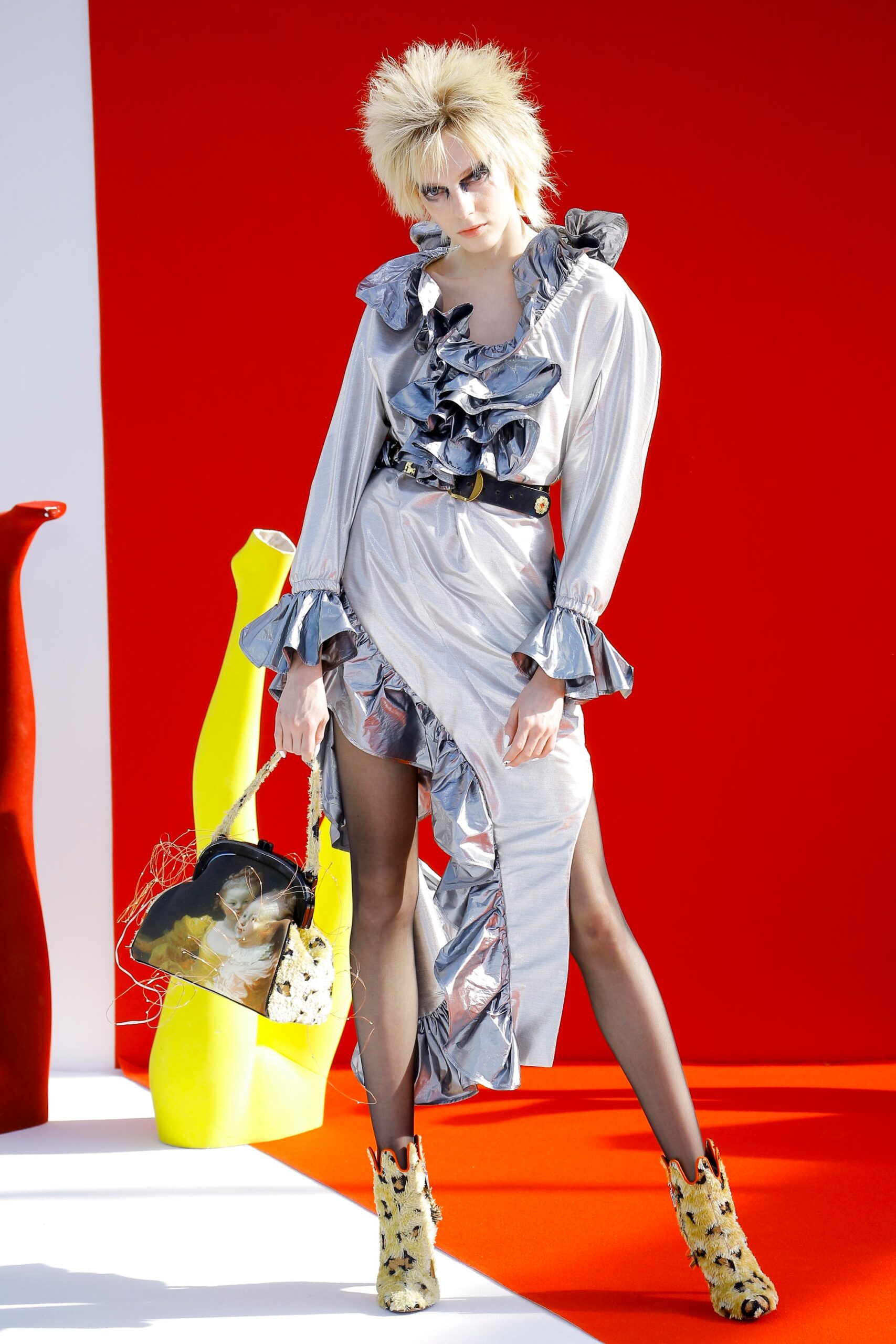 gray satin long-sleeve v-neck fitted ruffled draped dress