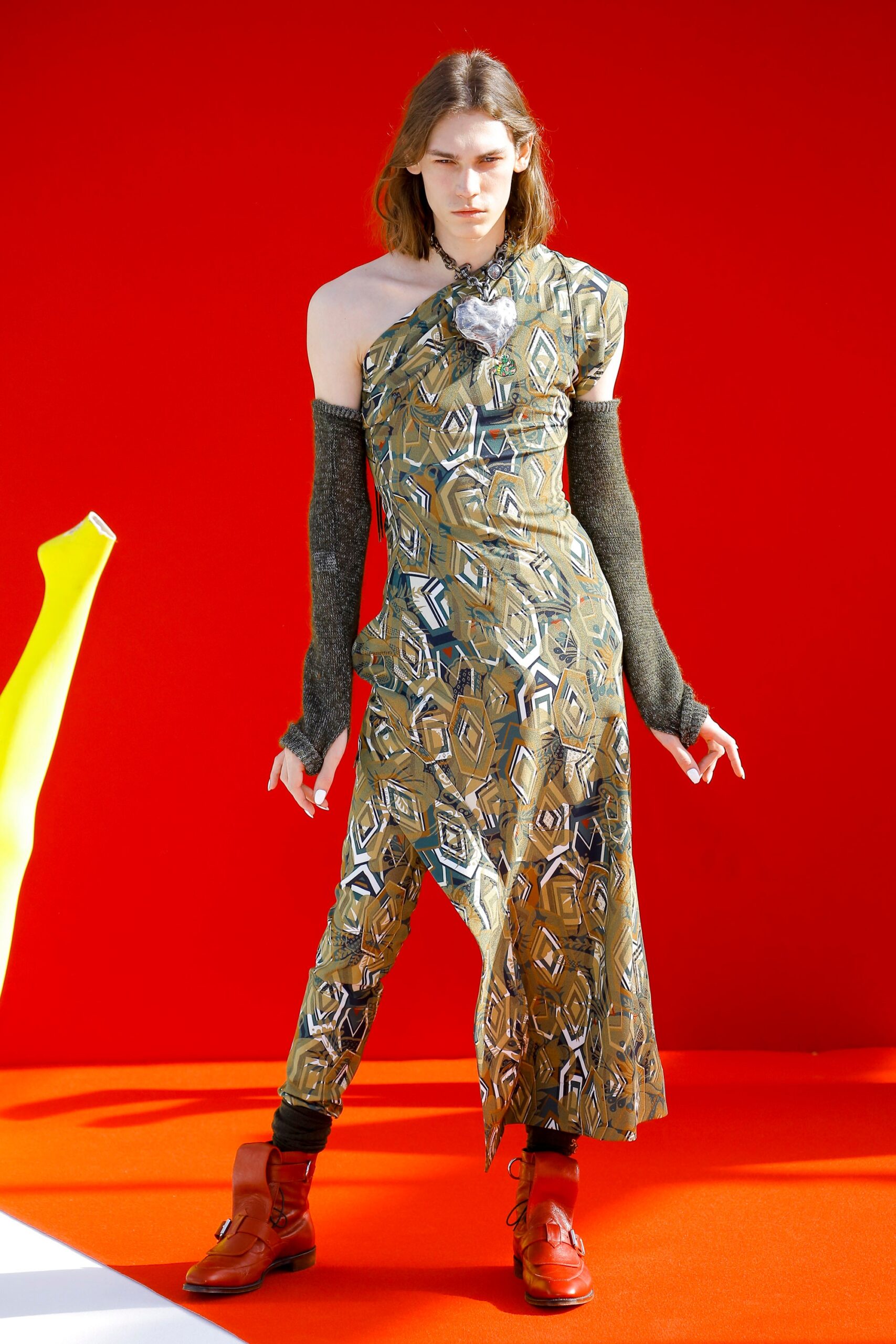 asymmetric printed midi dress with gloves