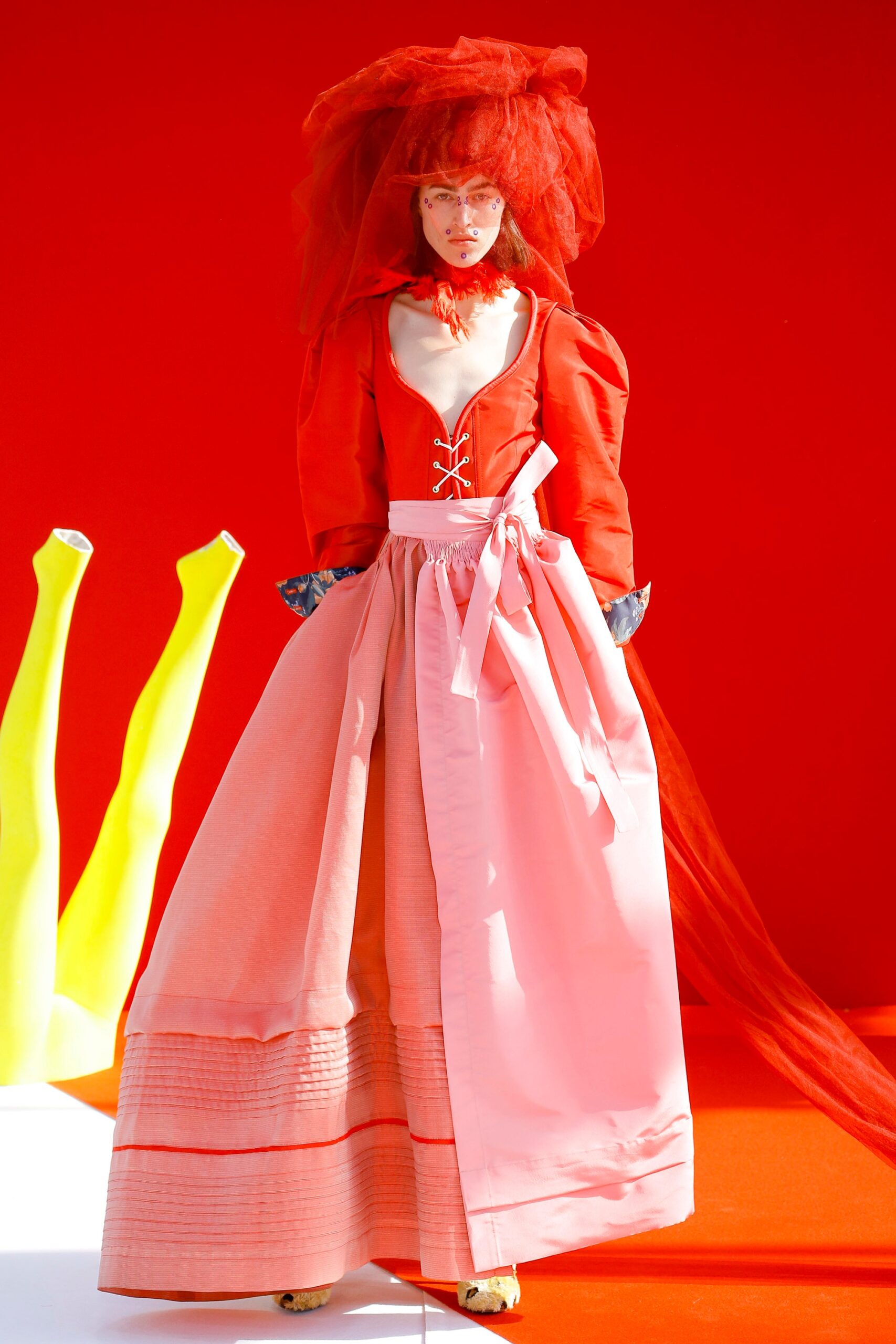 red cotton long-sleeve v-neck fitted tiered belted dress