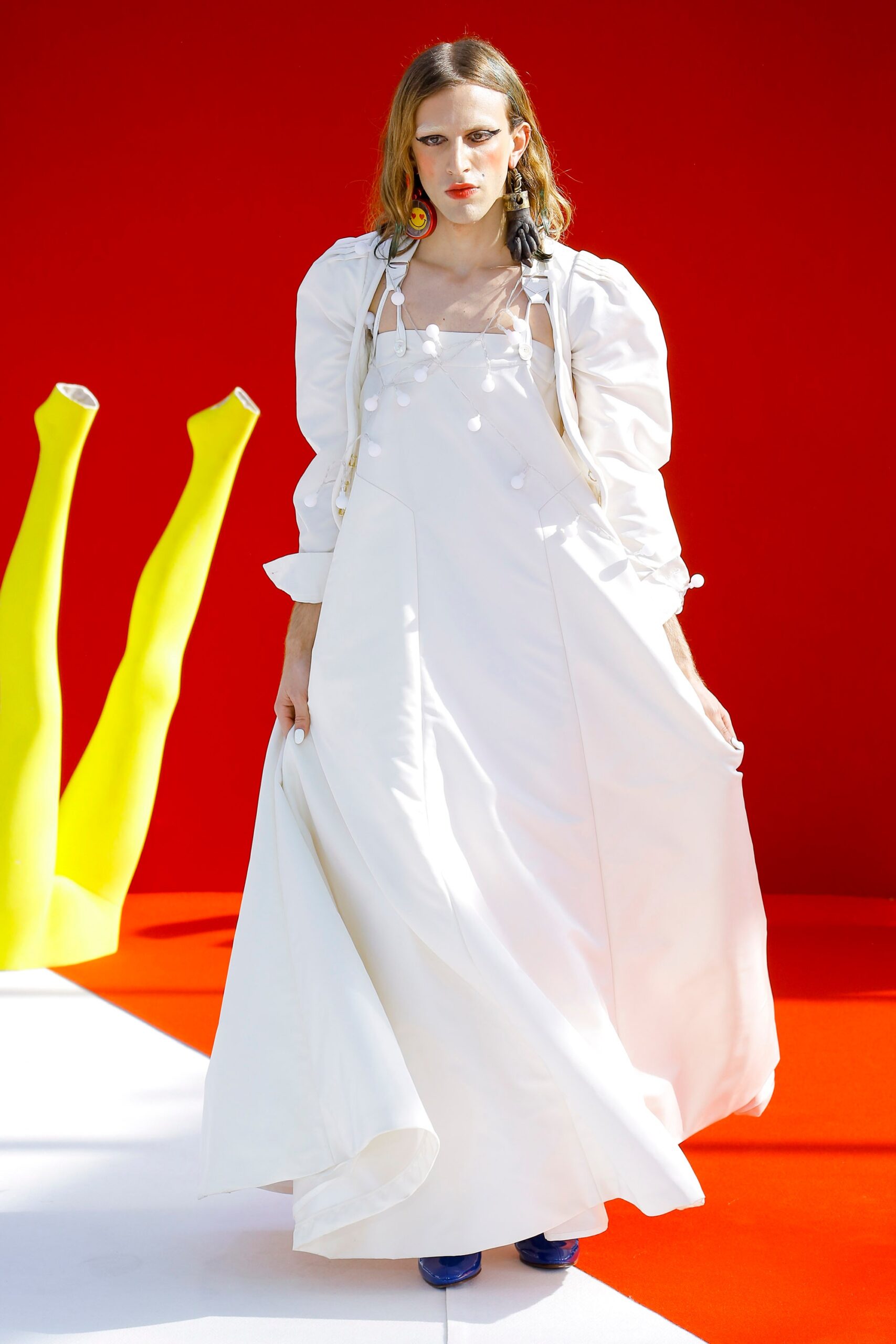 white cotton sleeveless high-neck relaxed a-line buttoned dress