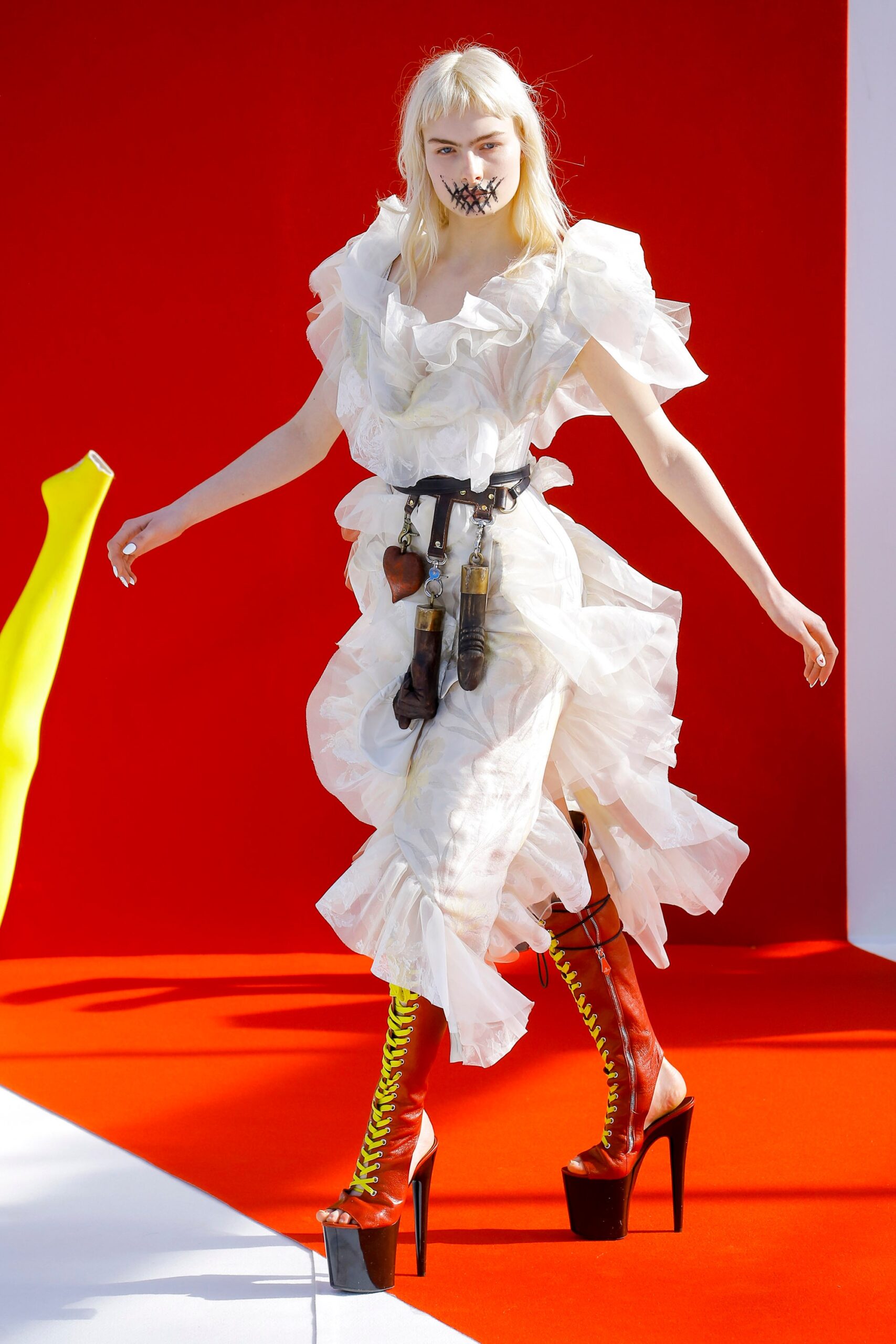 white ruffled midi dress with red boots