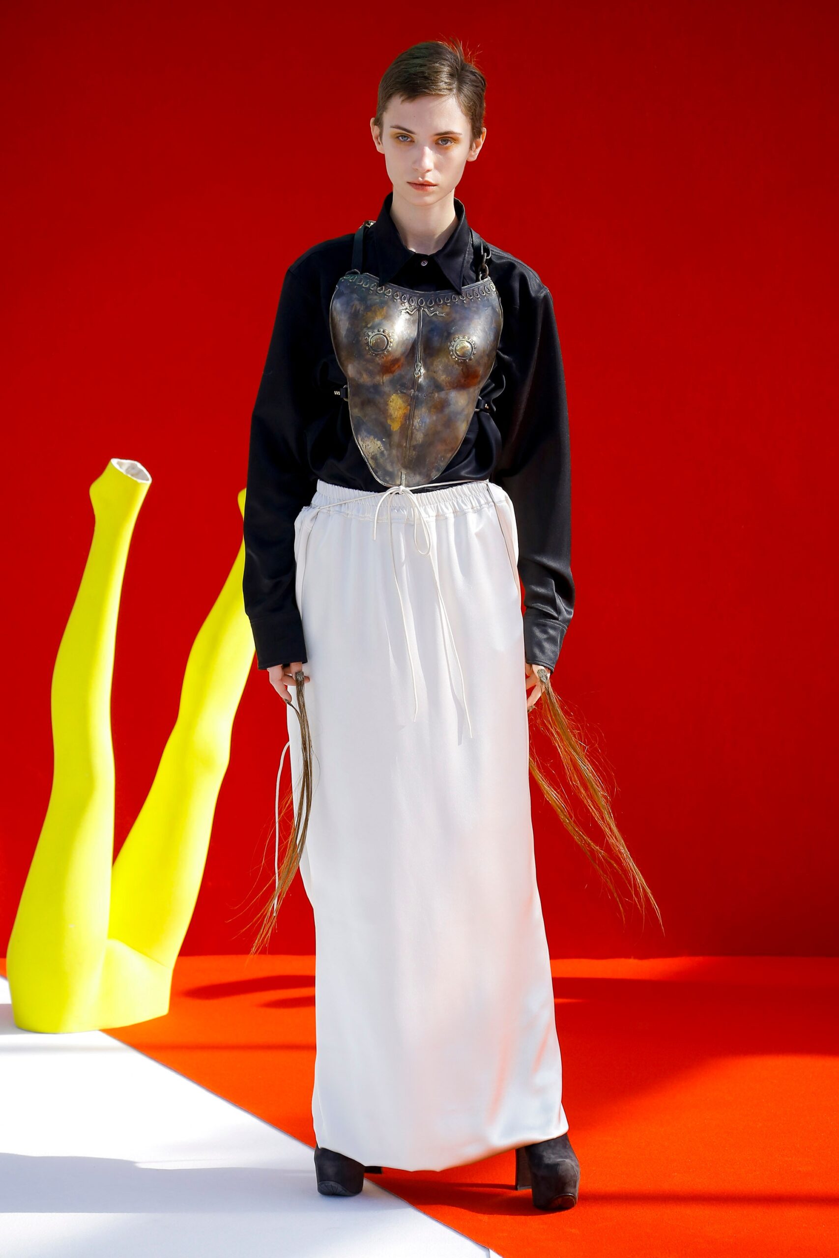 black shirt white midi skirt corset