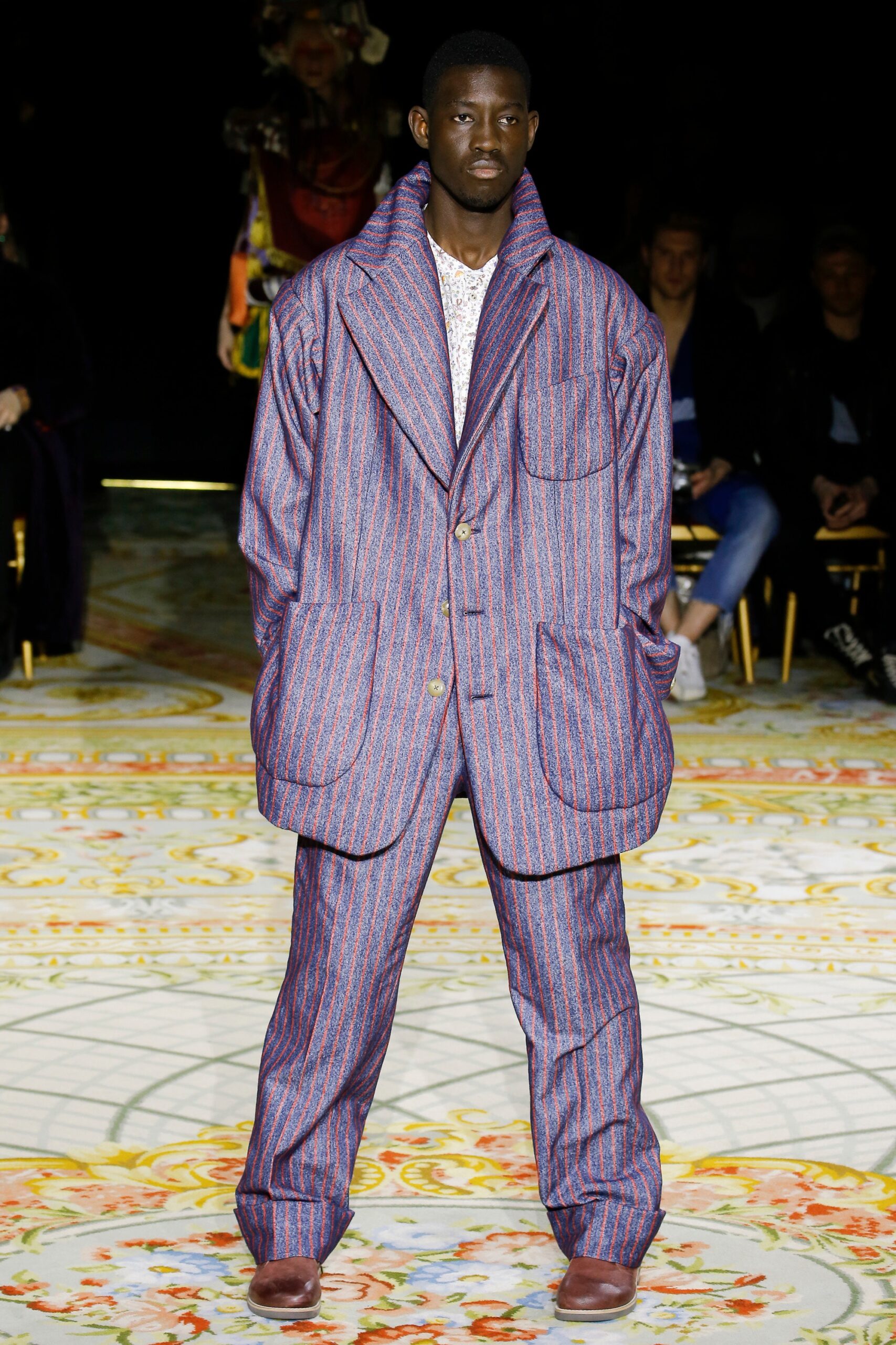 relaxed blue and red striped suit