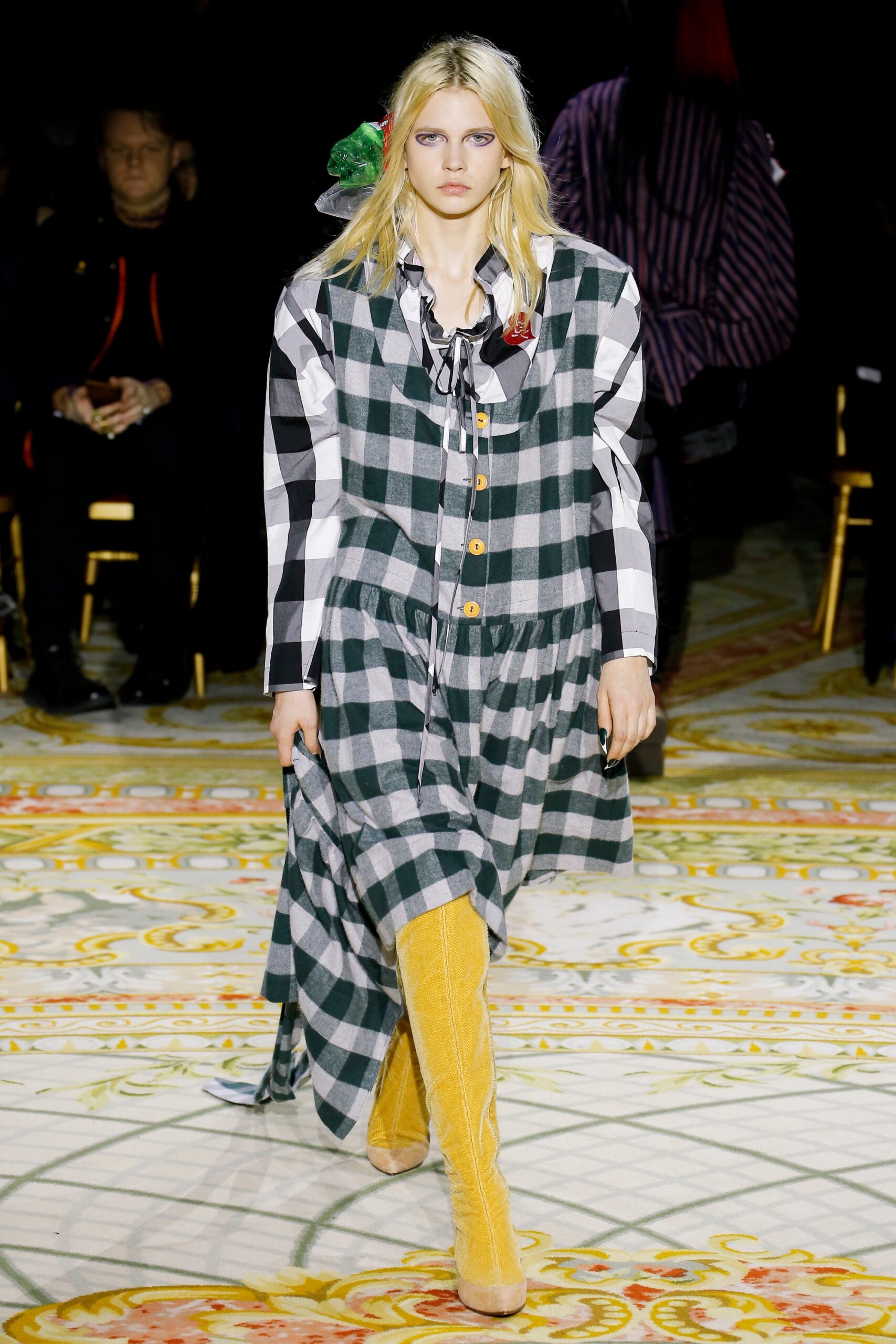 checked midi dress with yellow boots