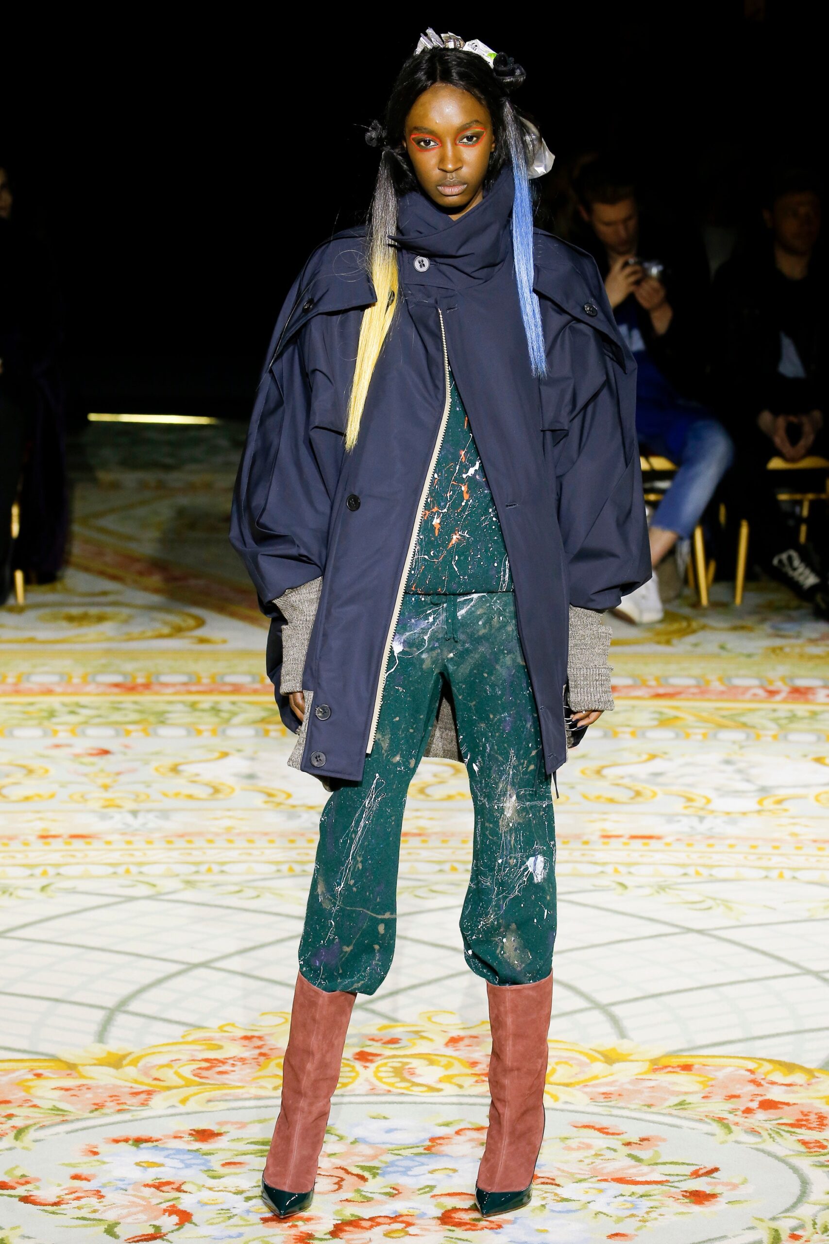 oversized navy coat with fitted jumpsuit