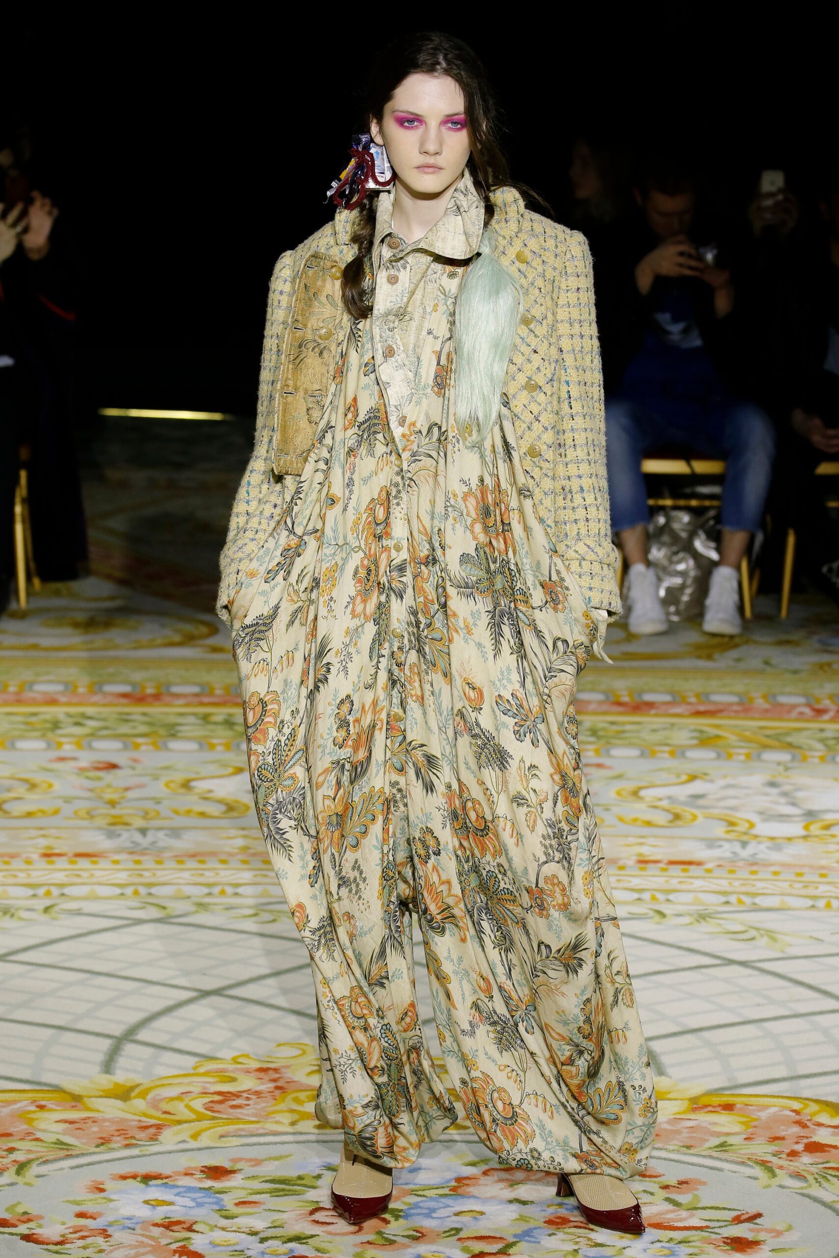 beige embroidered coat with multi-colored dress