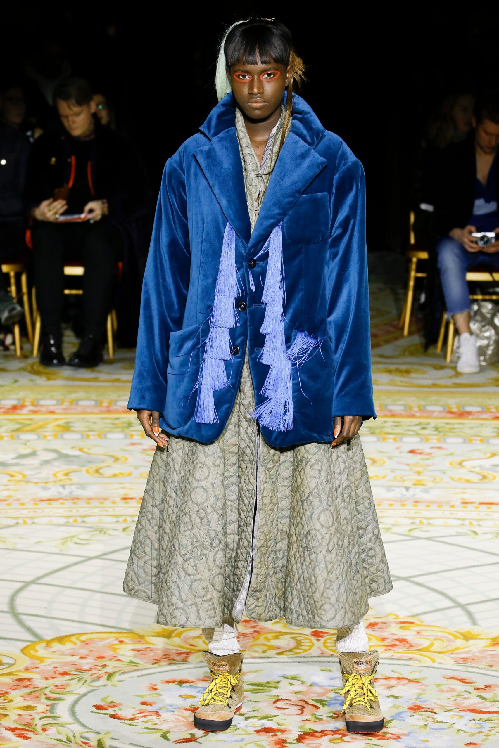 blue velvet coat gray silk dress