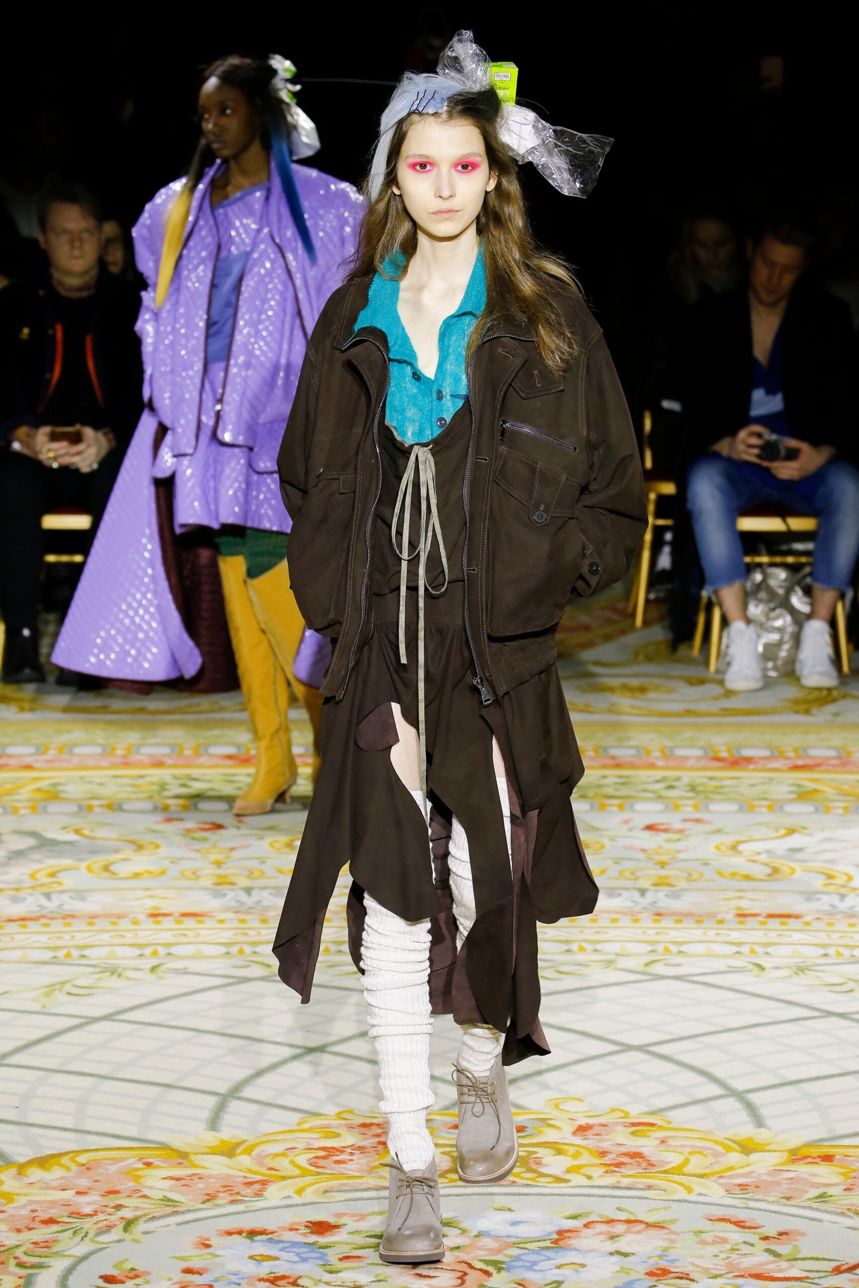 brown relaxed jacket with blue top