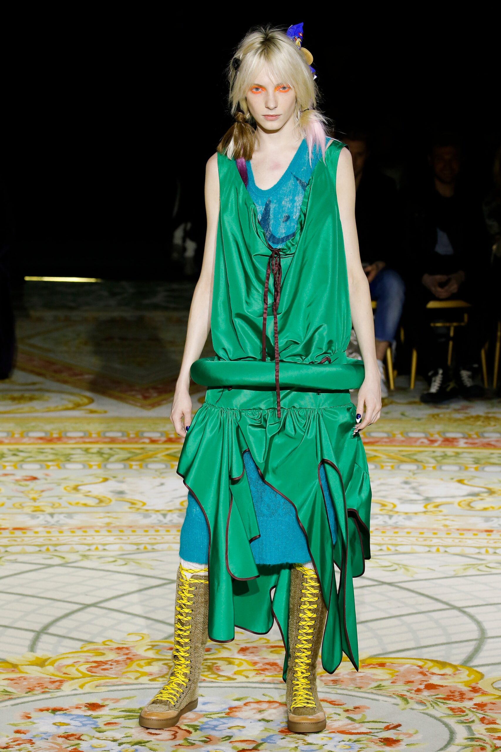 green cotton sleeveless high-neck relaxed draped midi dress