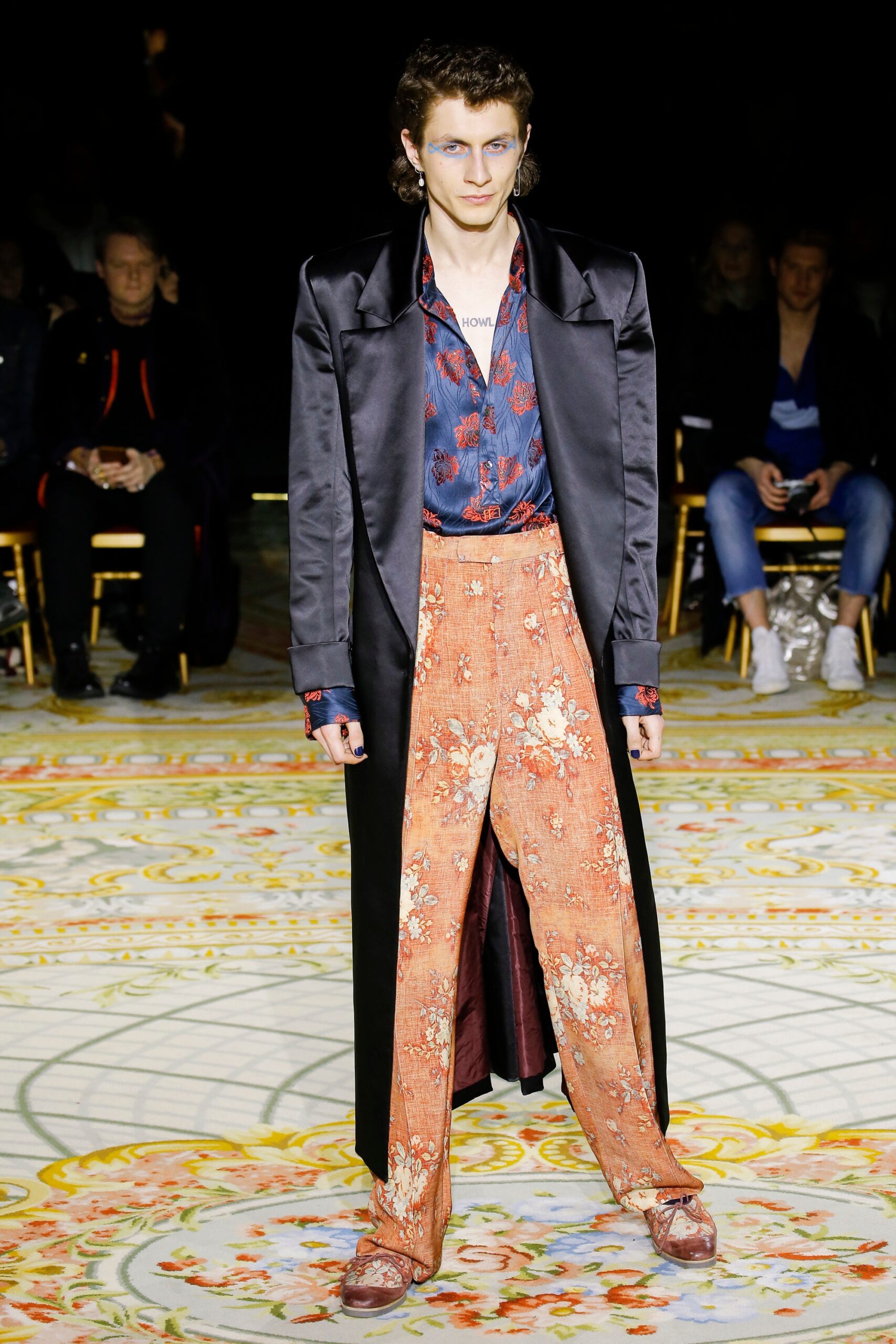black silk coat with floral shirt
