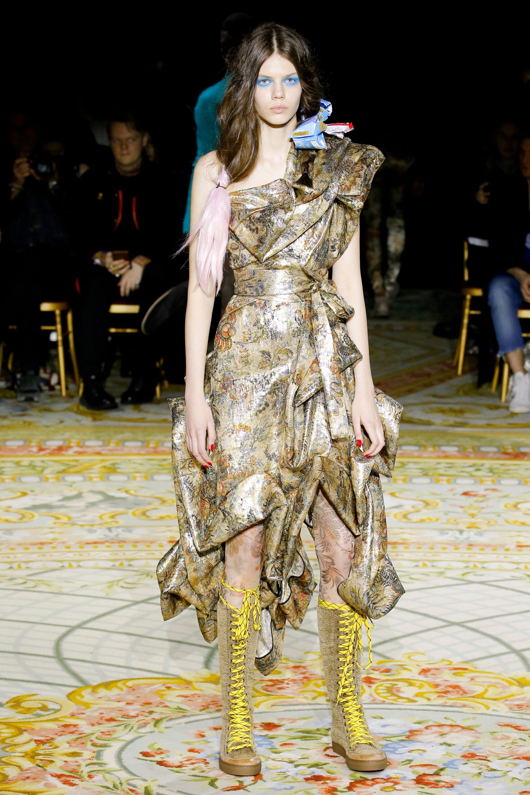 gold multi ruffled midi dress with yellow boots