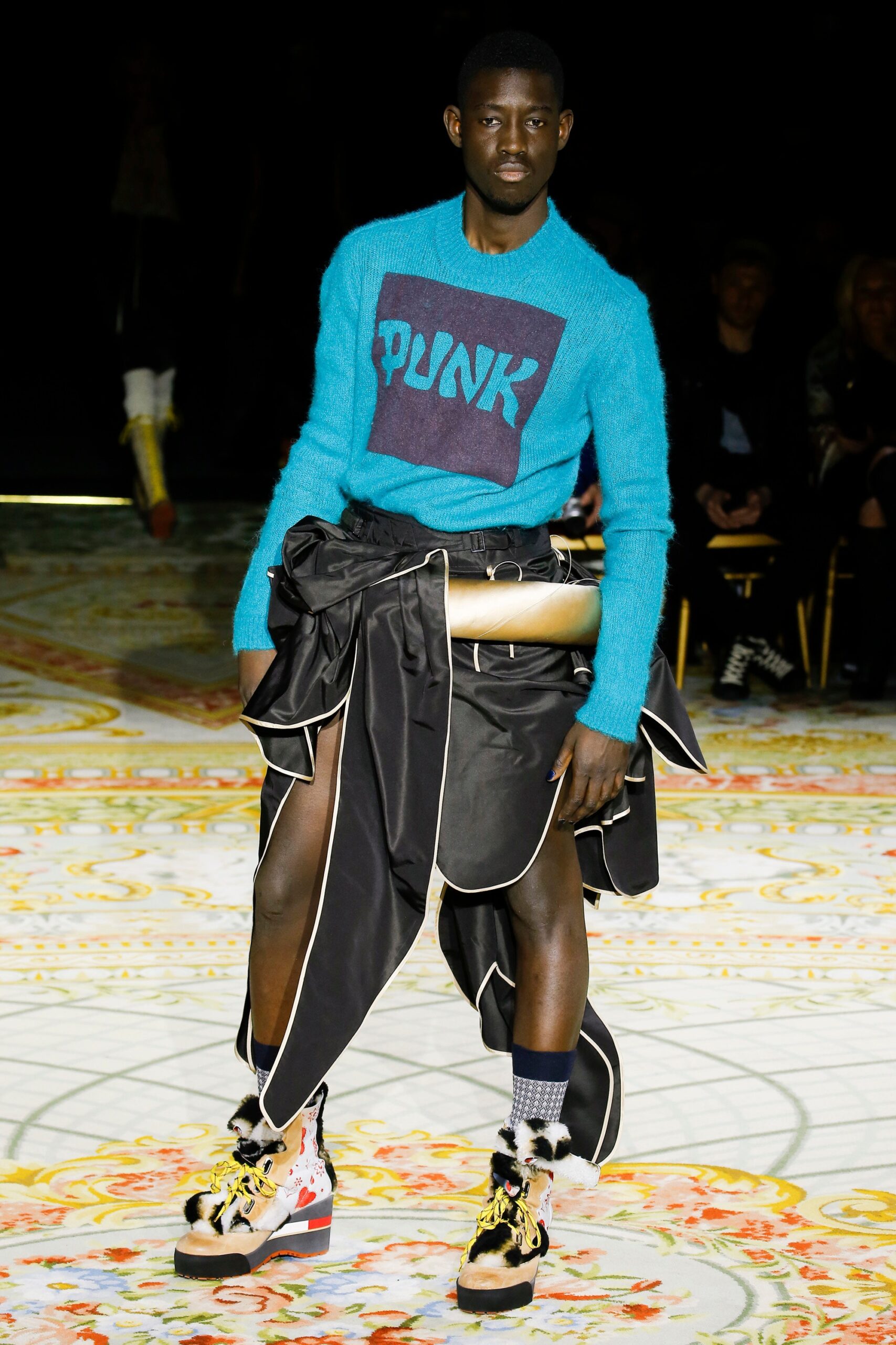 blue wool sweater with printed design