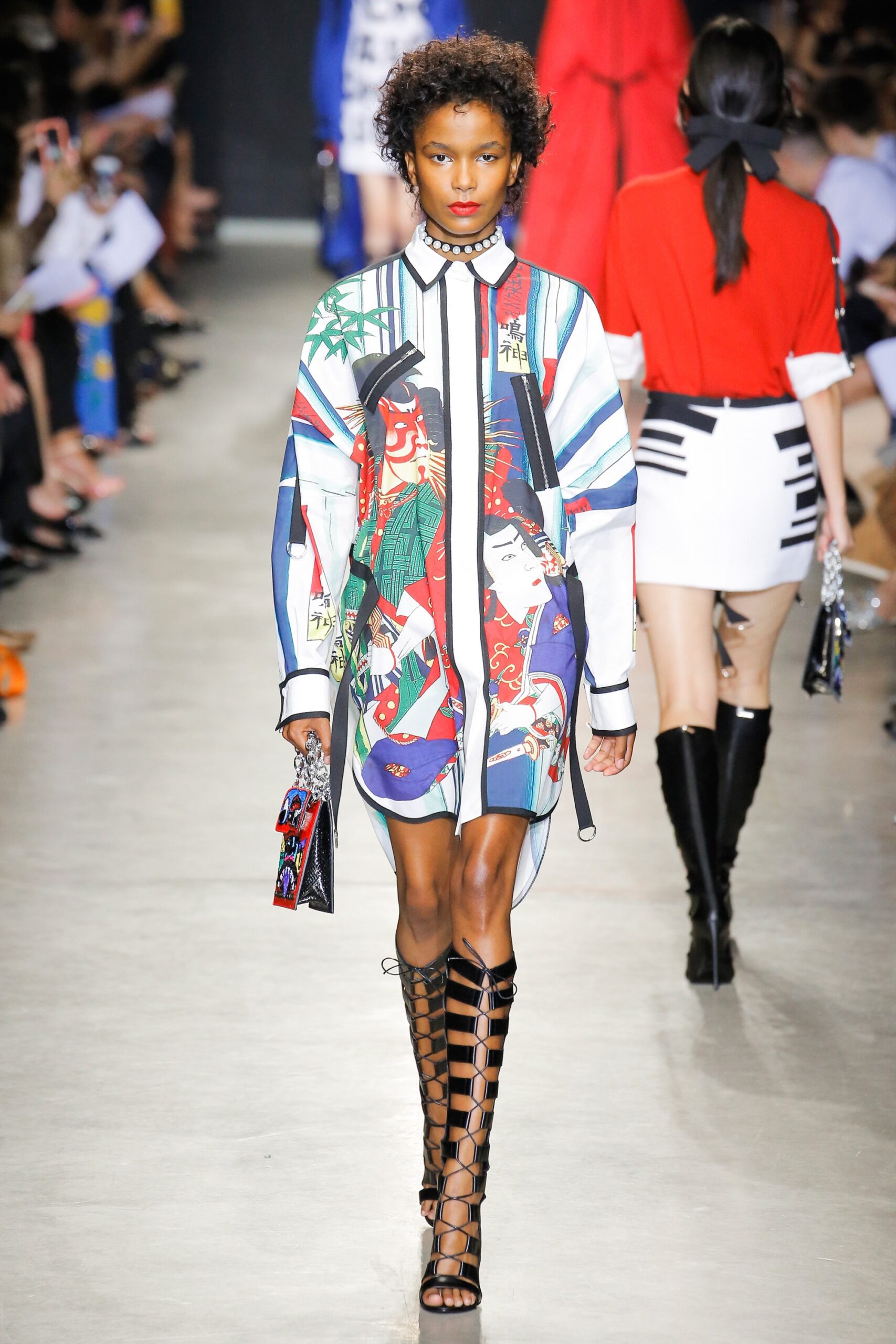 multi cotton long-sleeve collared relaxed buttoned printed shirt-dress