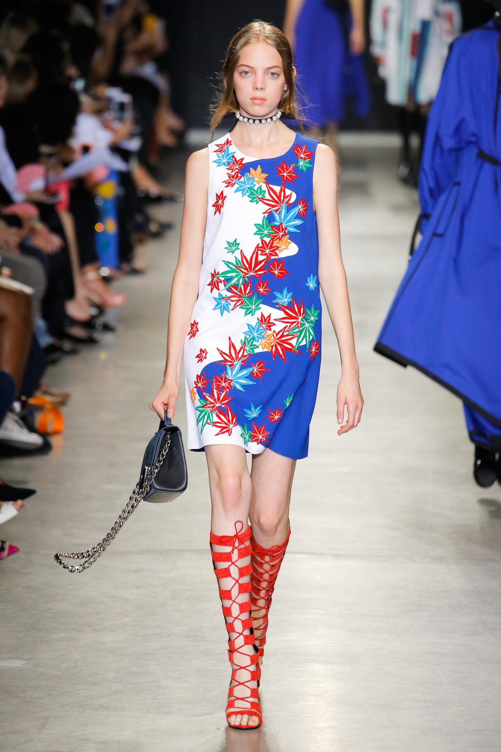 blue sleeveless high-neck fitted embroidered mini dress