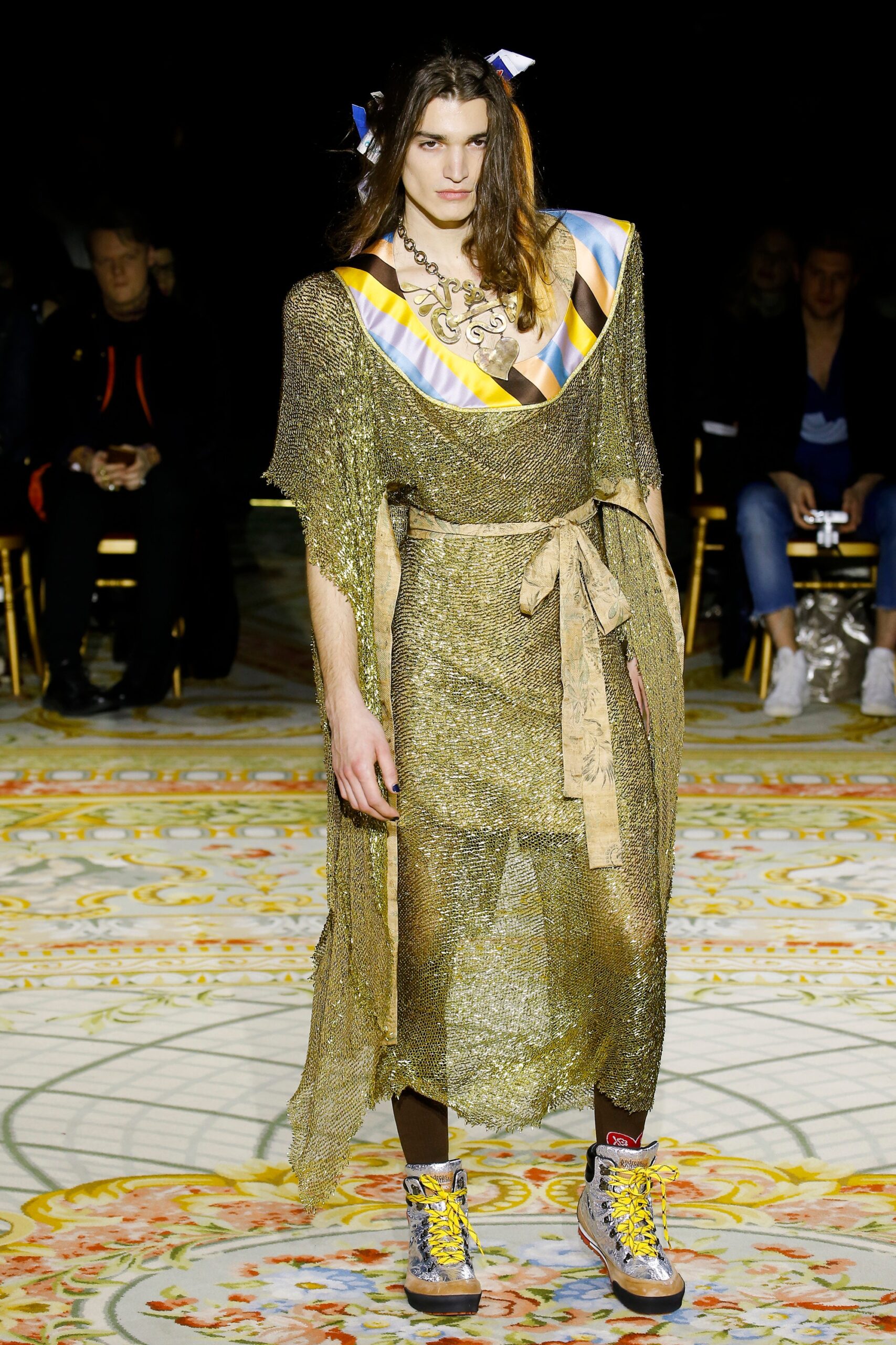 gold draped midi dress with sneakers