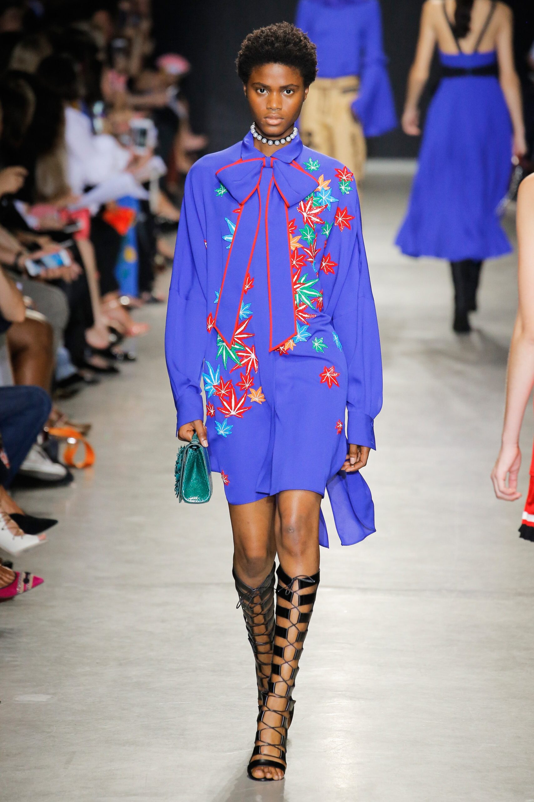 blue cotton long-sleeve collared relaxed embroidered mini dress