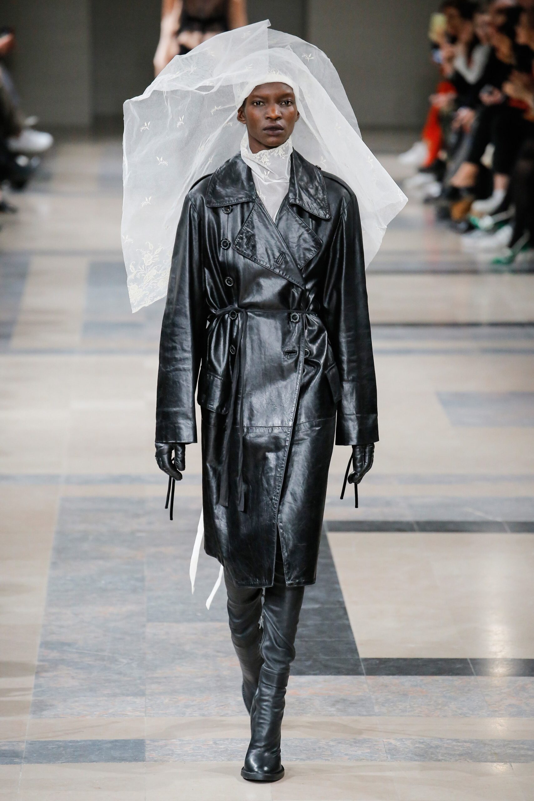black leather coat with veil