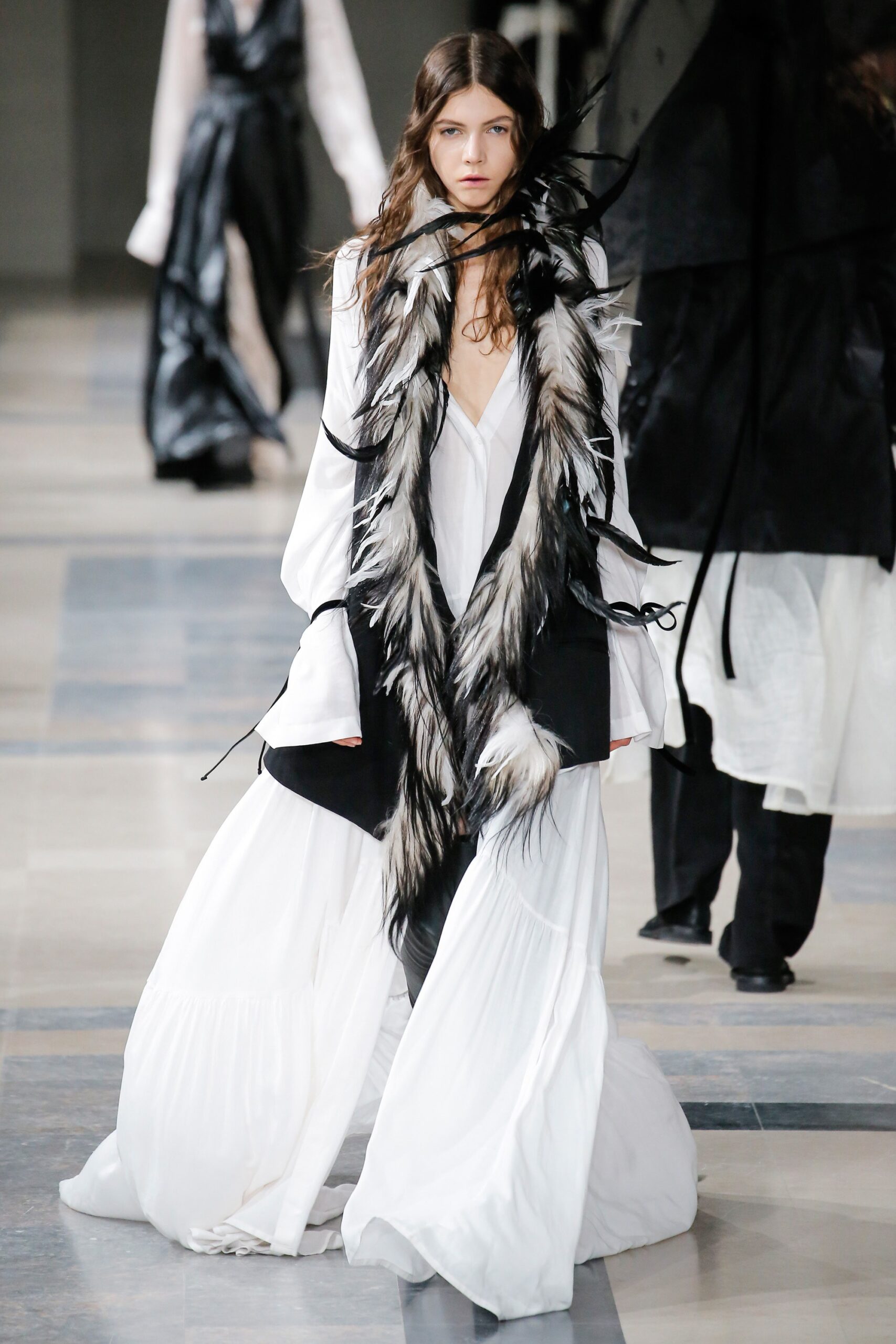 white silk maxi dress with black cape