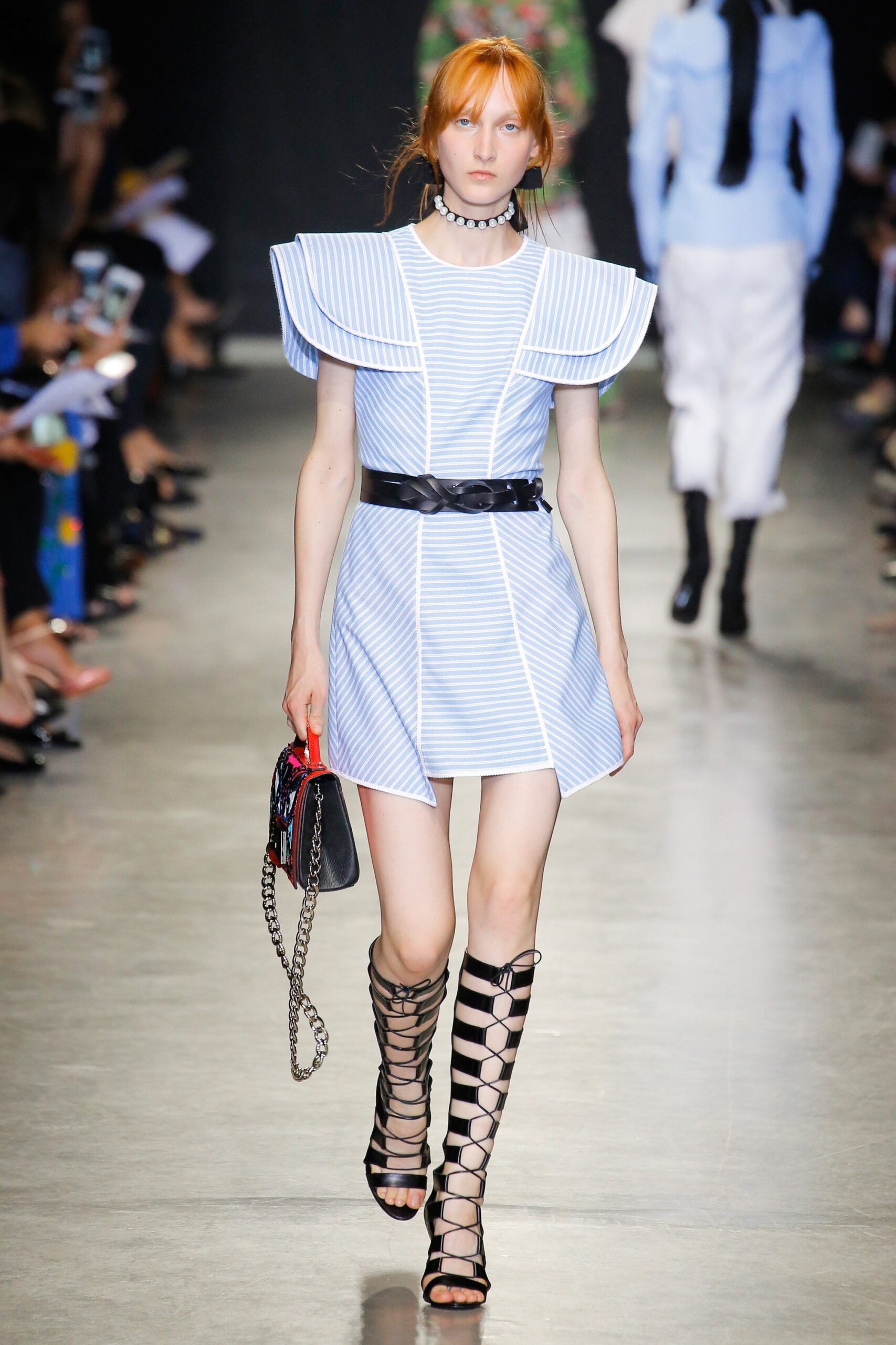 blue cotton sleeveless collared fitted striped a-line dress