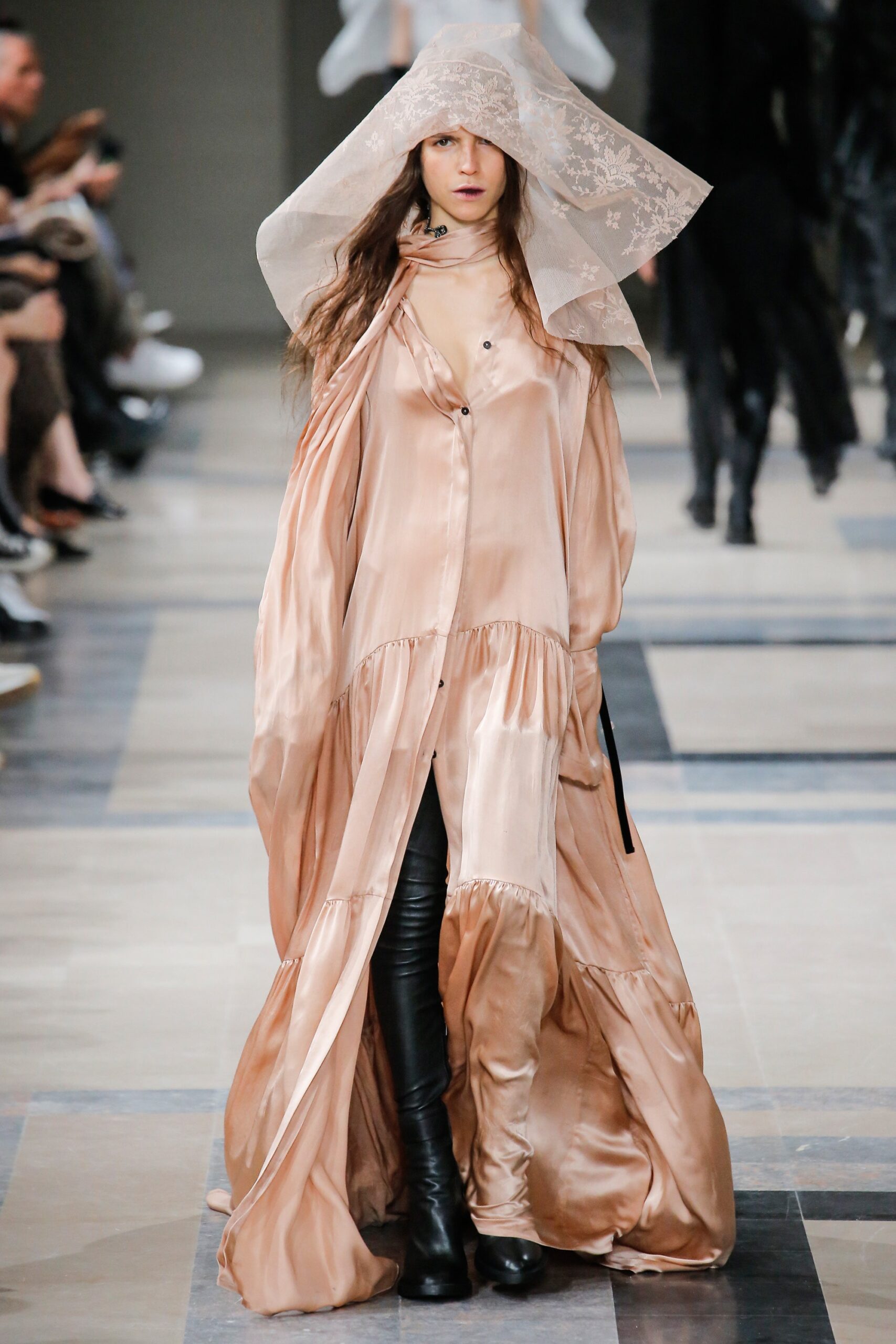 pink silk long-sleeve collared relaxed layered buttoned dress