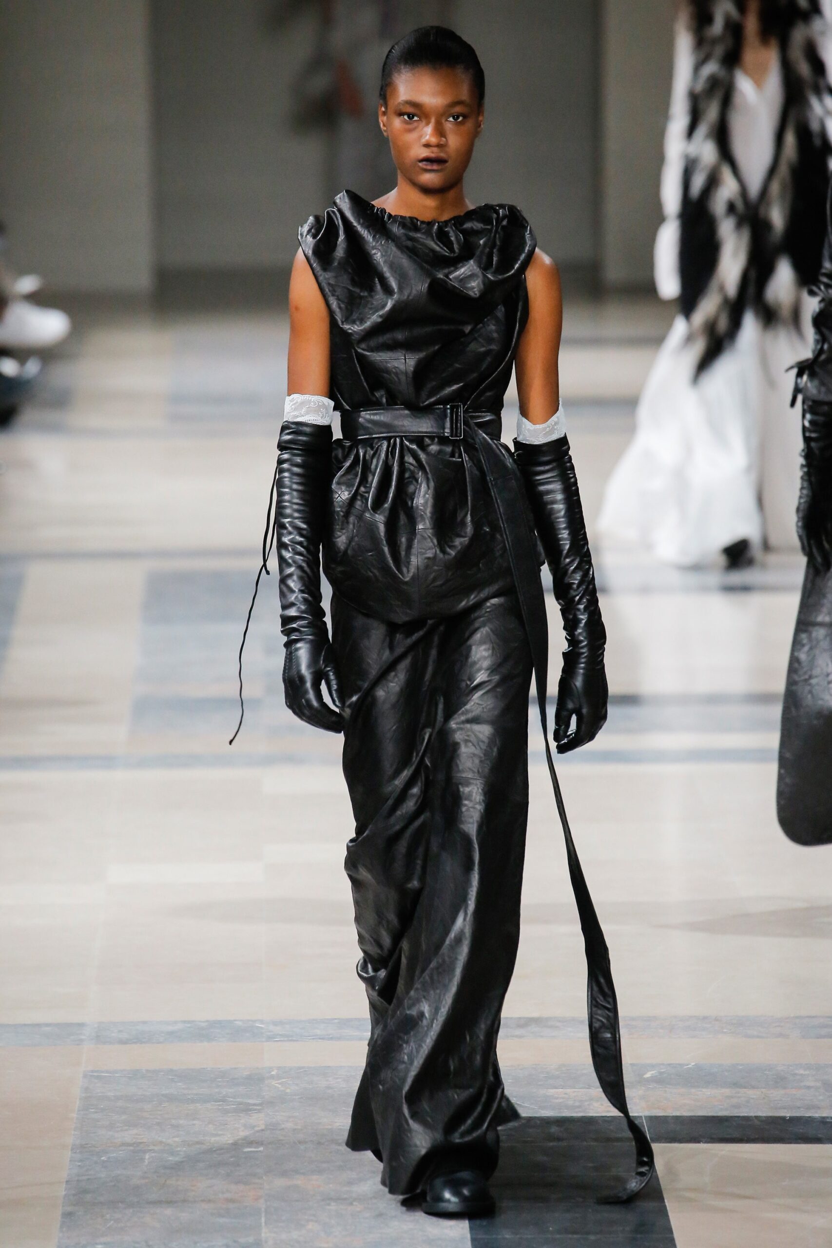 black leather sleeveless high-neck fitted draped belted dress