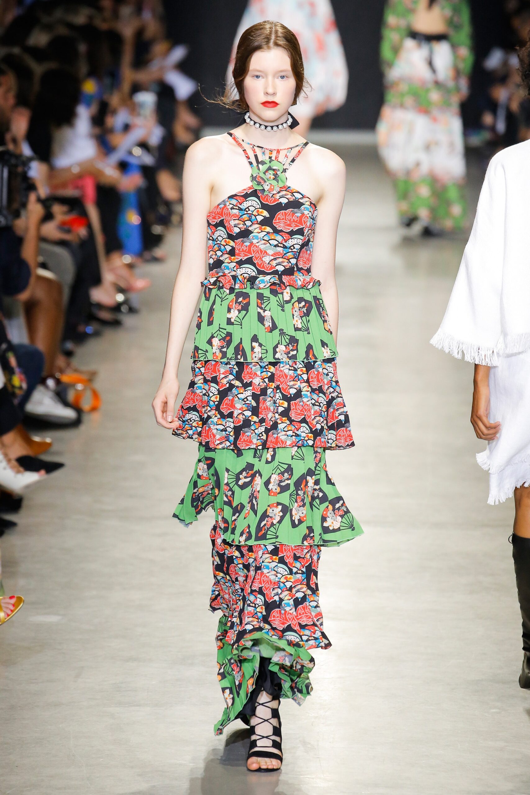 green printed tiered maxi dress