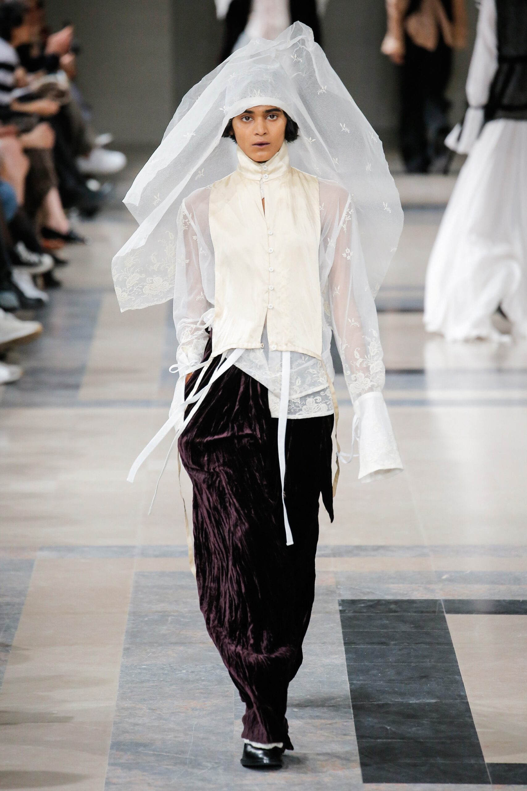 white silk blouse and purple velvet pants