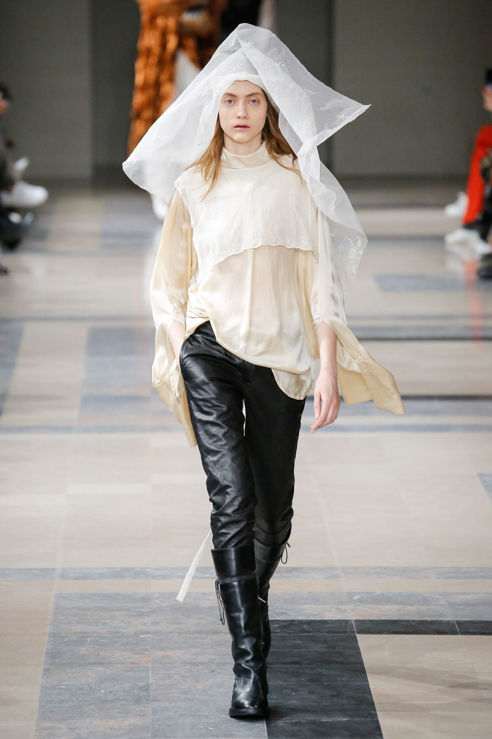 ivory silk top black leather pants