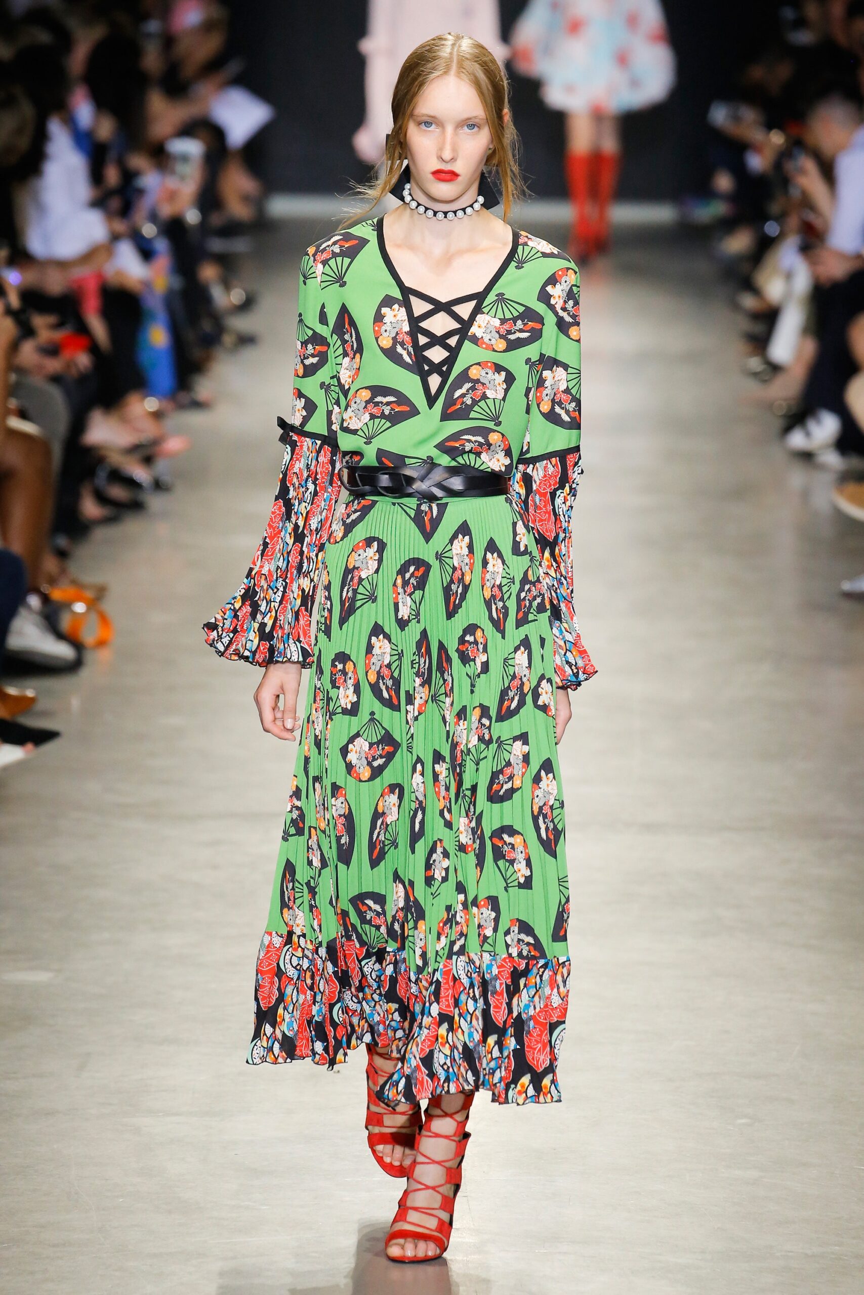 green long-sleeve v-neck fitted flared printed midi dress