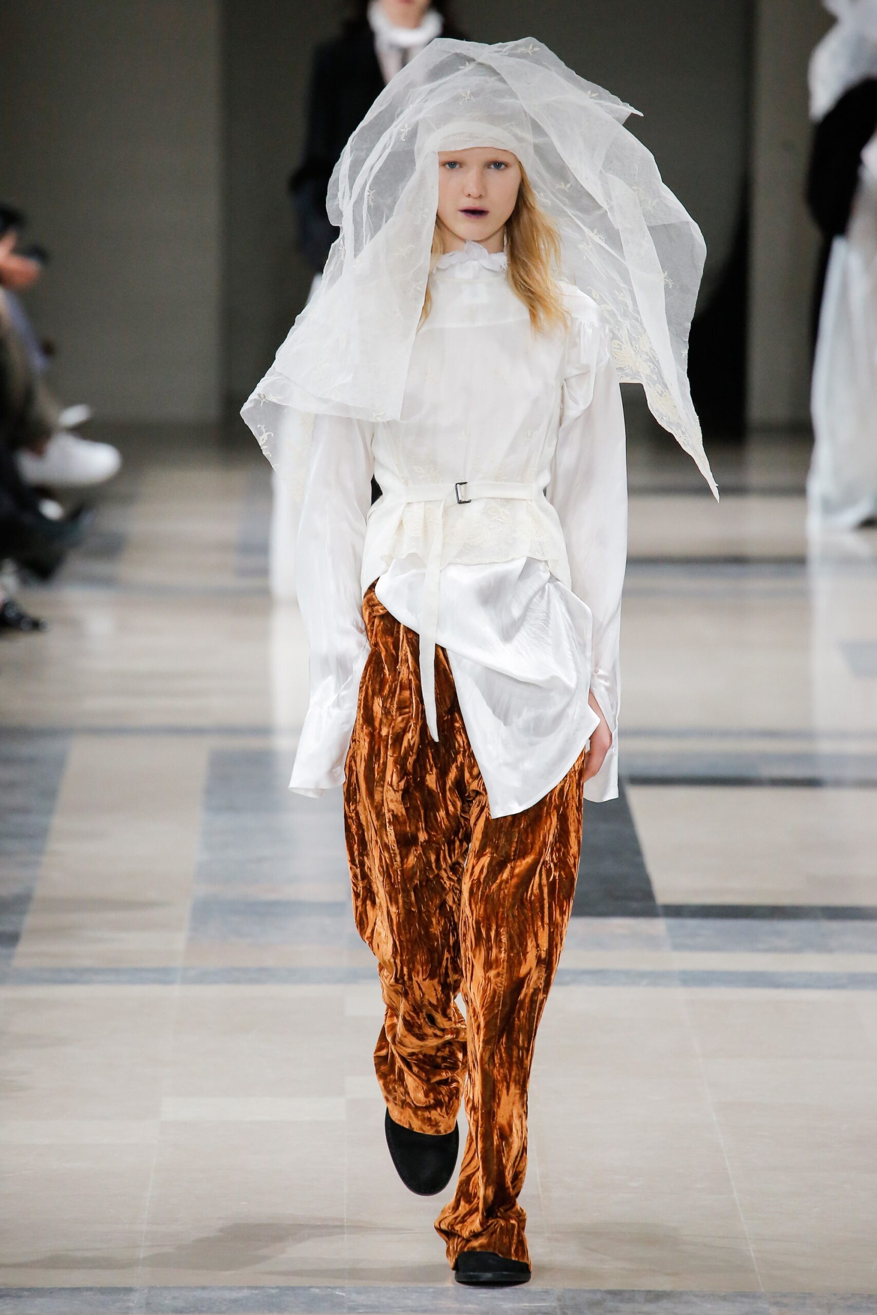 white blouse orange velvet pants