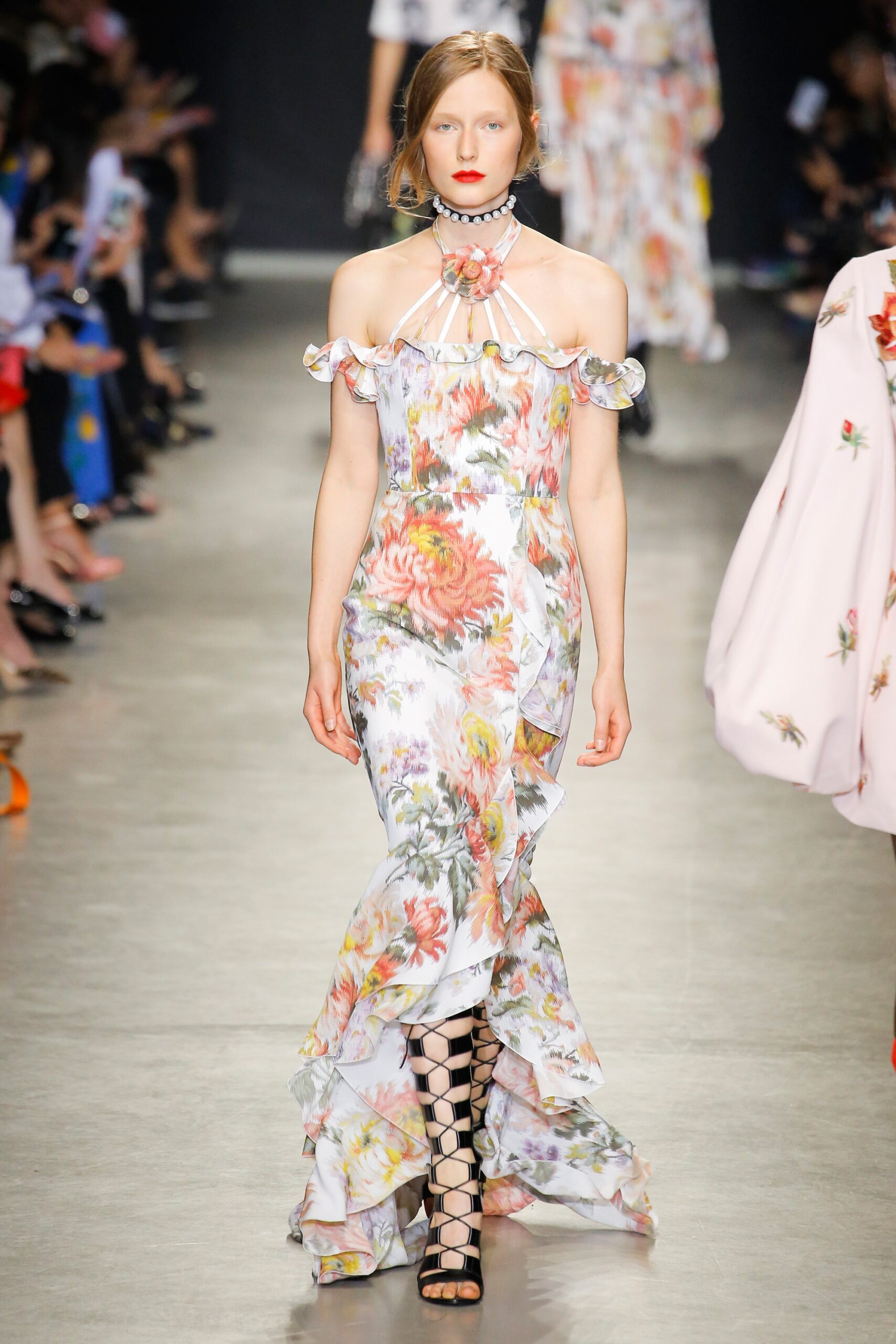 multi silk sleeveless off-shoulder fitted flared ruffled gown