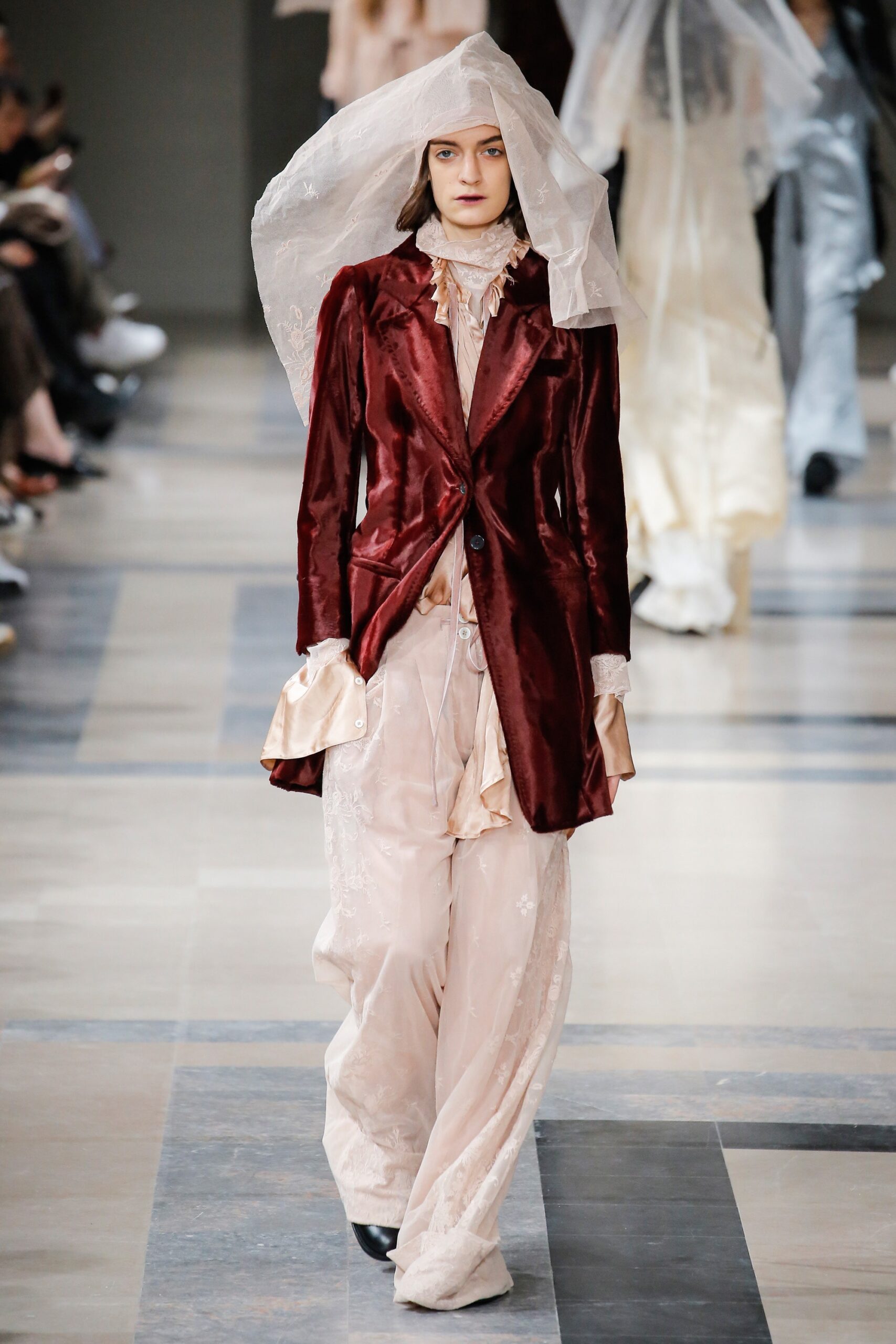 red velvet blazer with pink chiffon pants