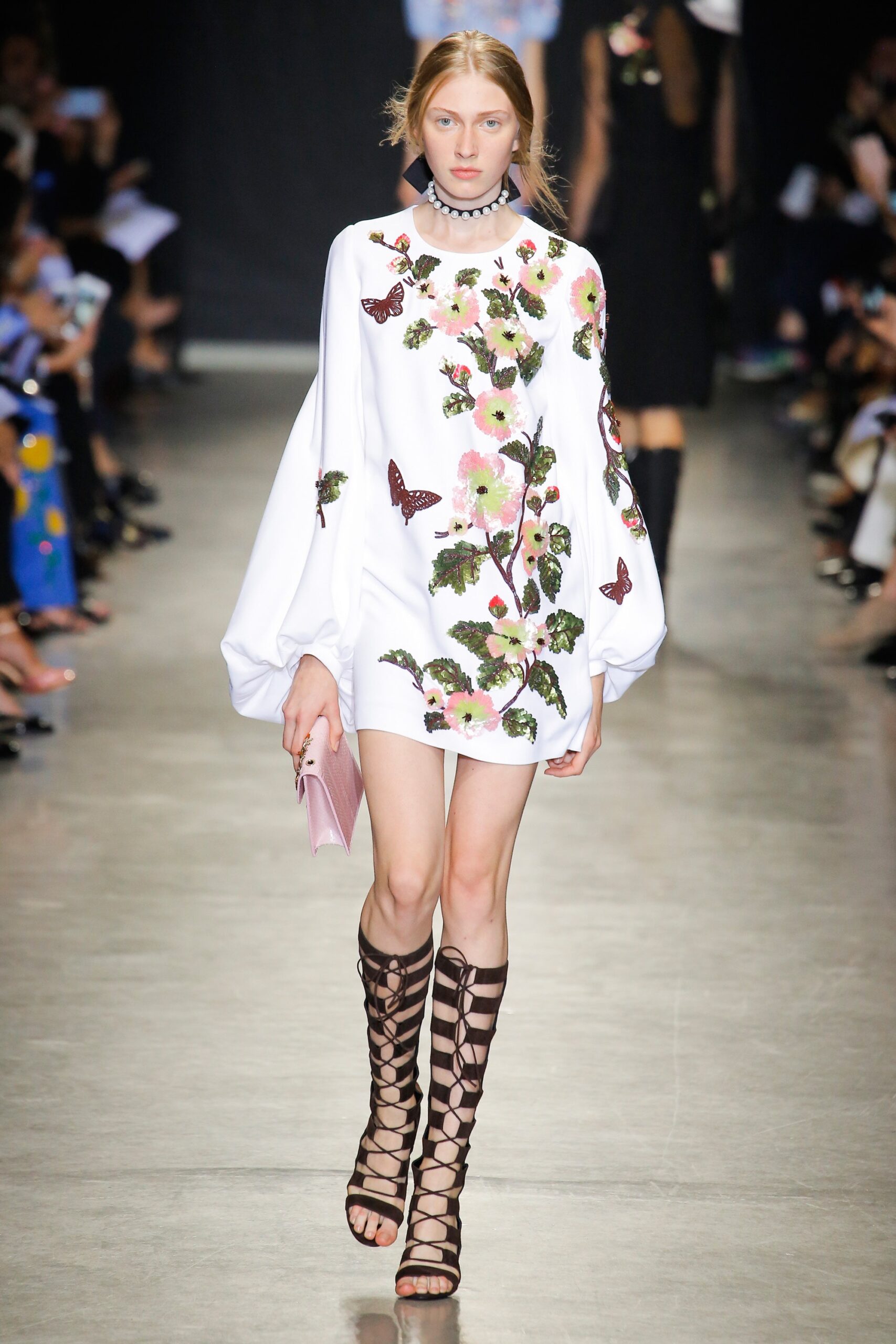 white cotton long-sleeve collared fitted embroidered short dress