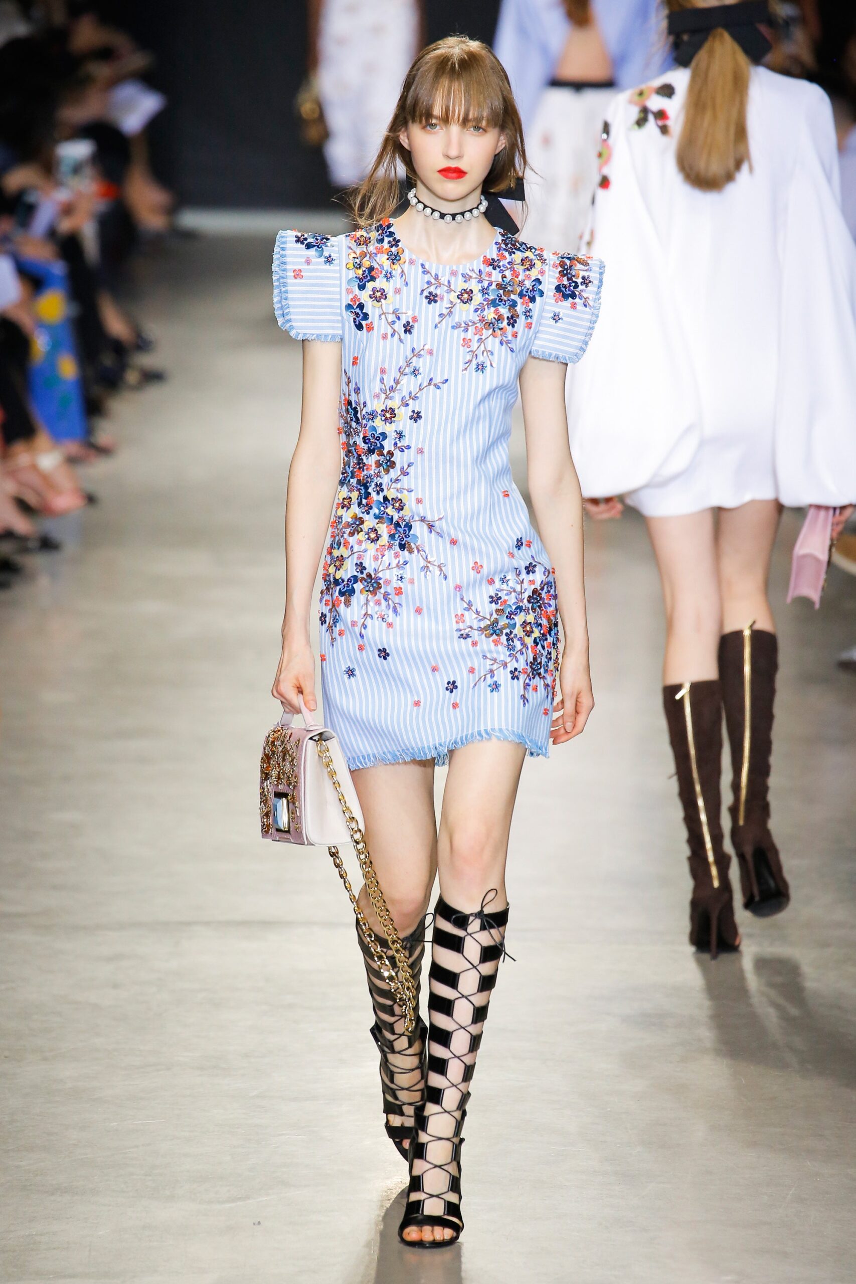blue cotton sleeveless high-neck fitted embroidered ruffled dress