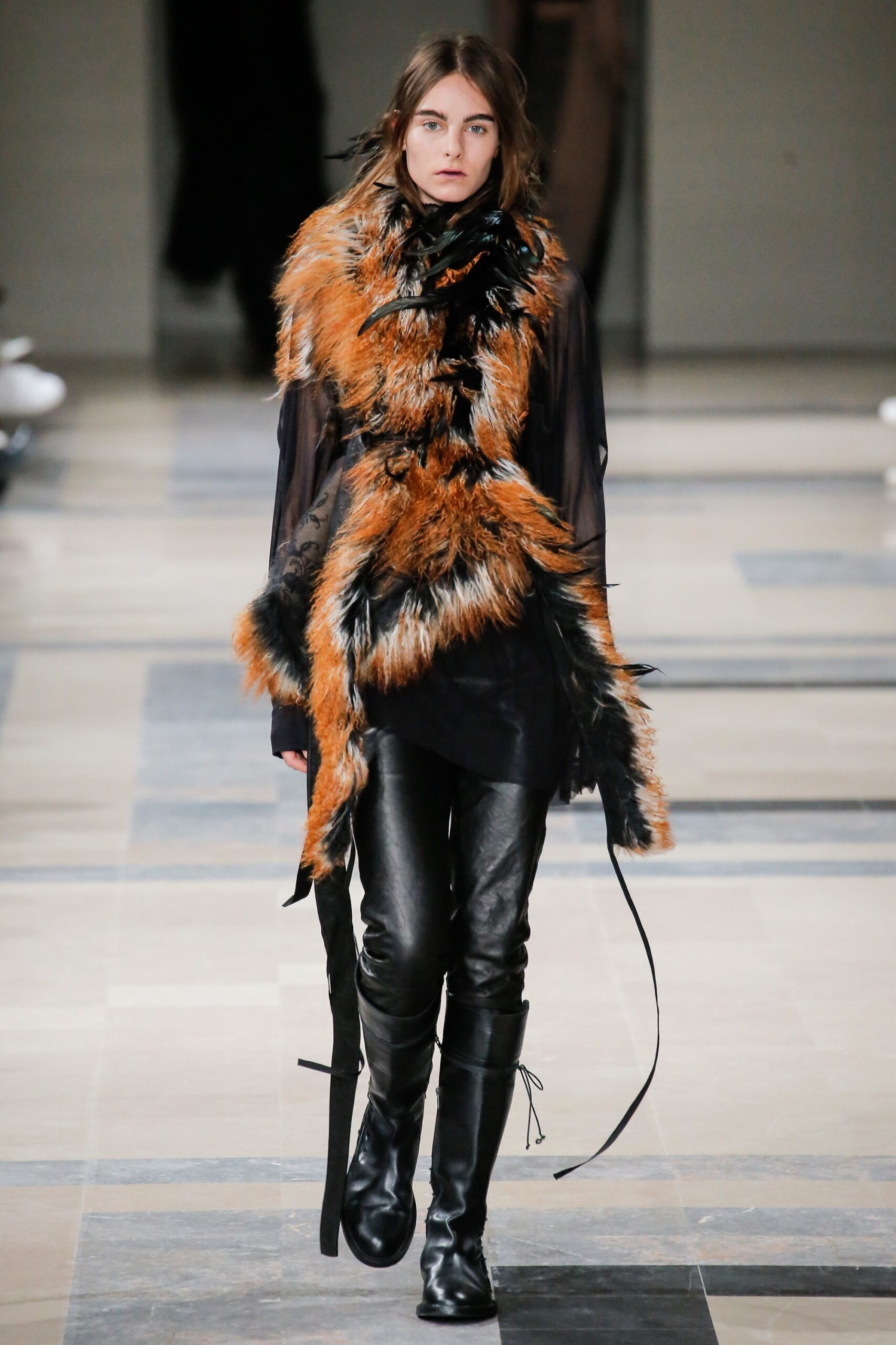 black silk top with fur cape
