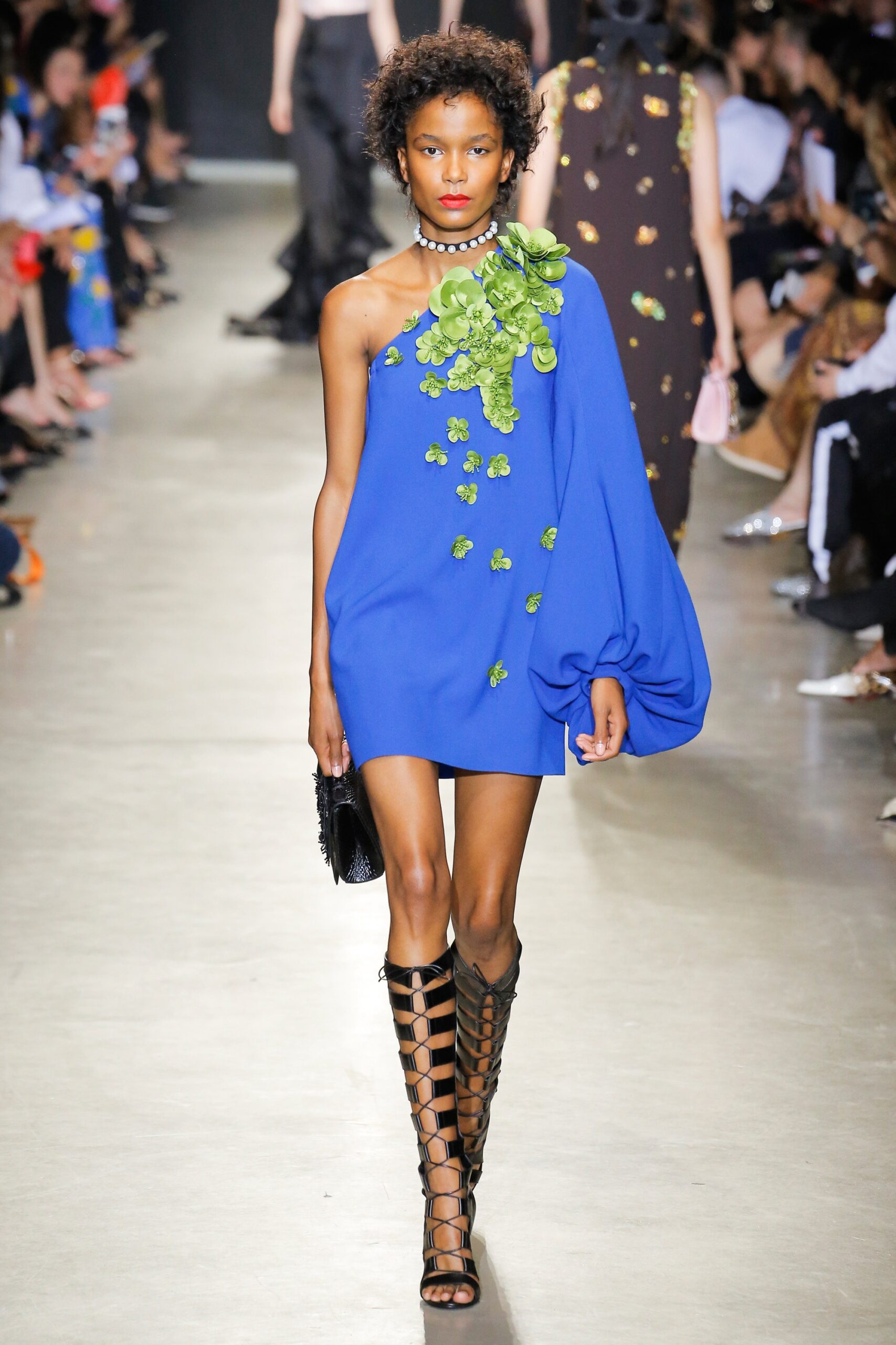 blue silk sleeveless off-shoulder fitted draped embroidered dress