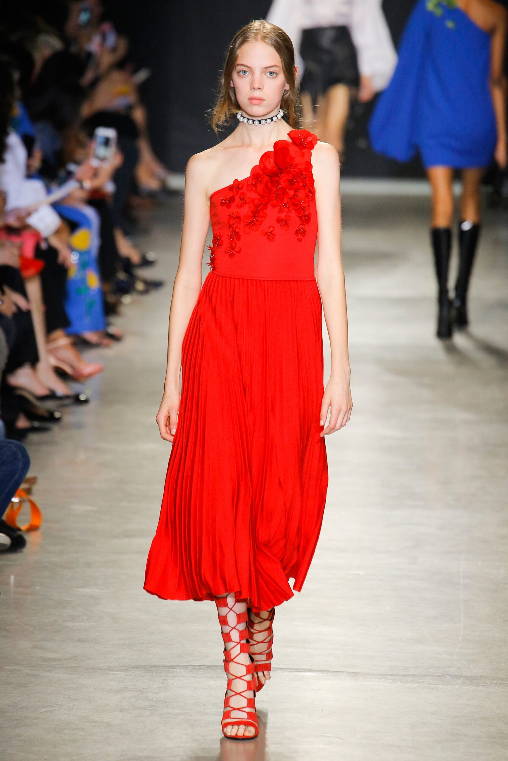 red pleated one-shoulder dress