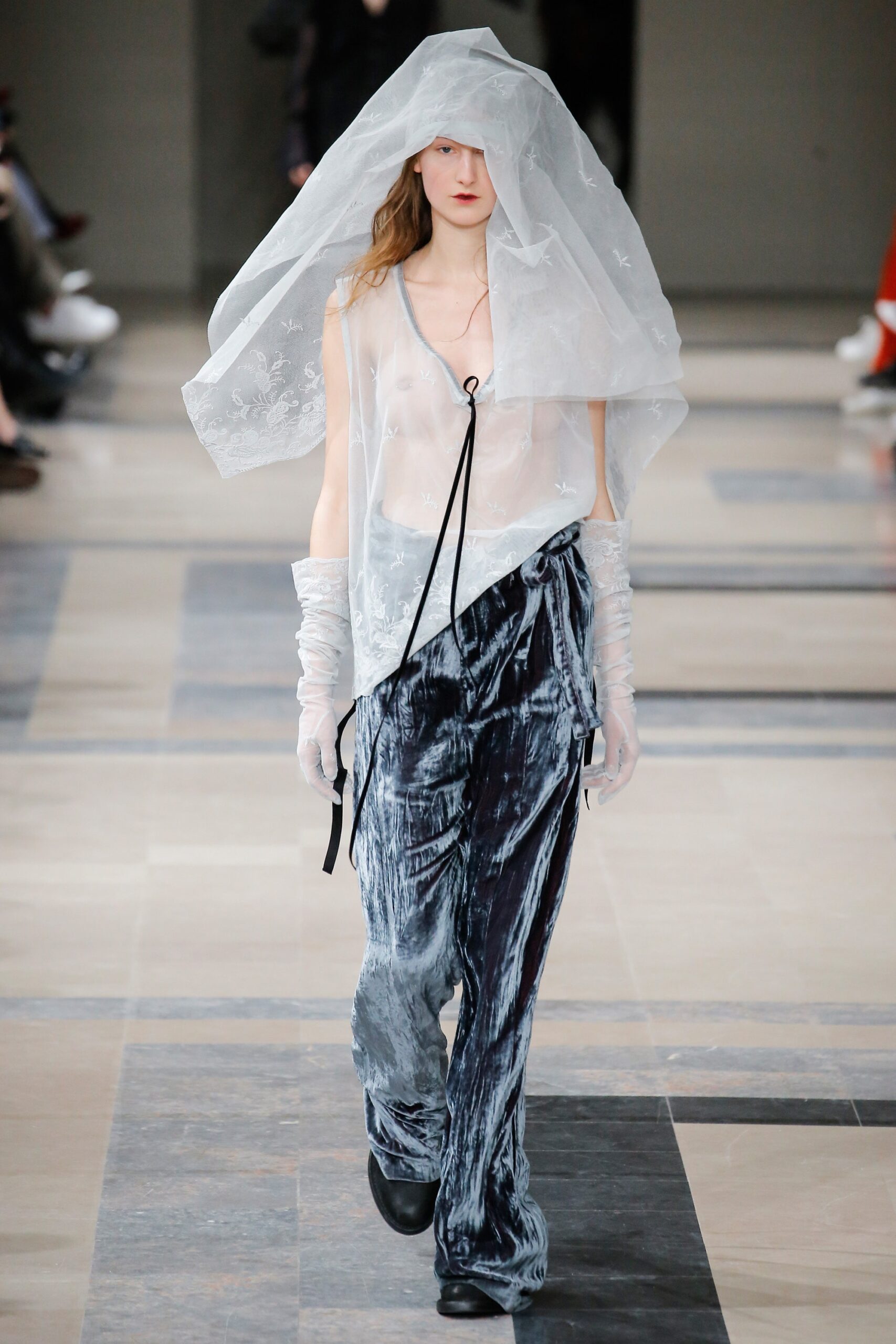 blue velvet relaxed pants with sheer top