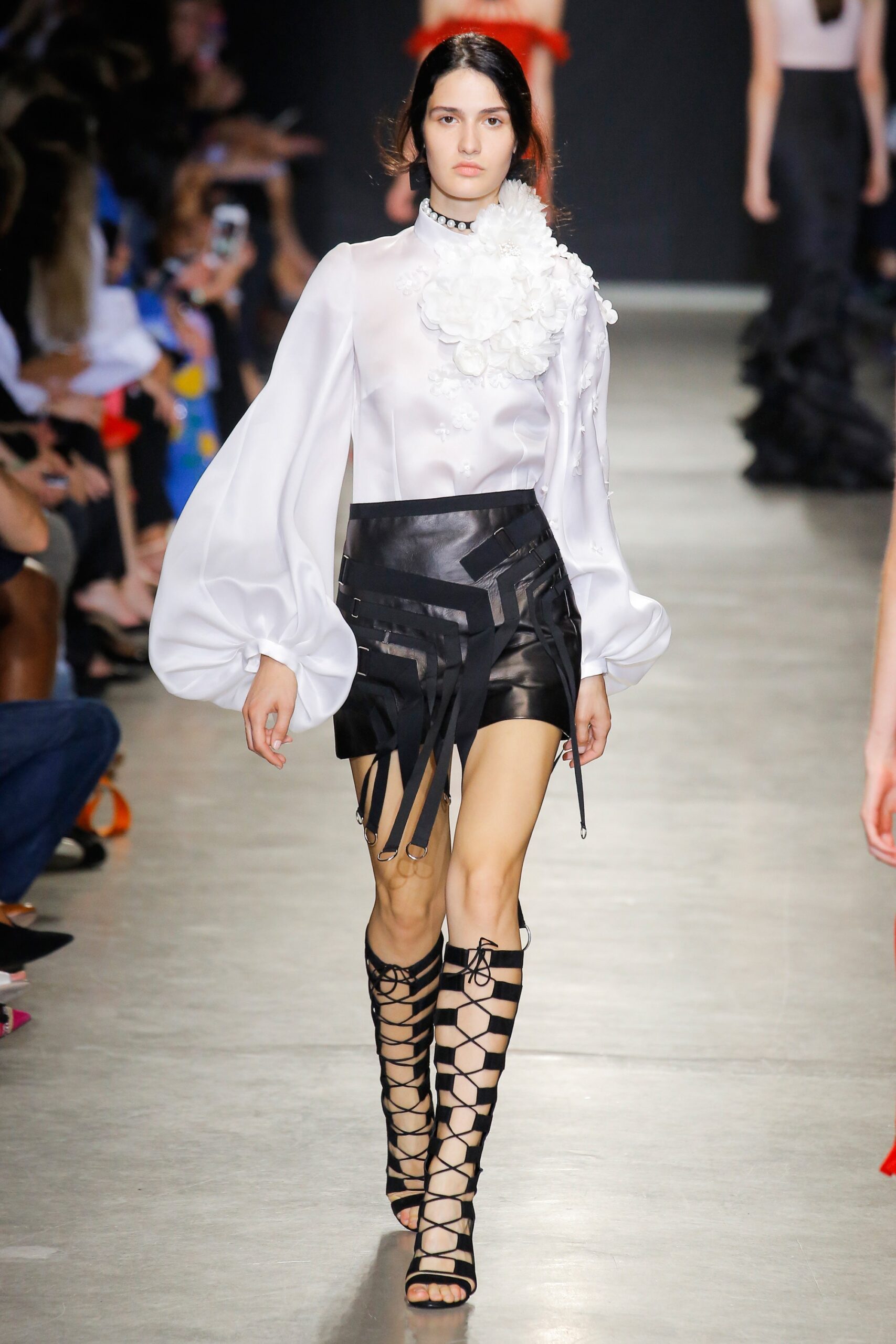 white silk long-sleeve high-neck fitted ruffled blouse