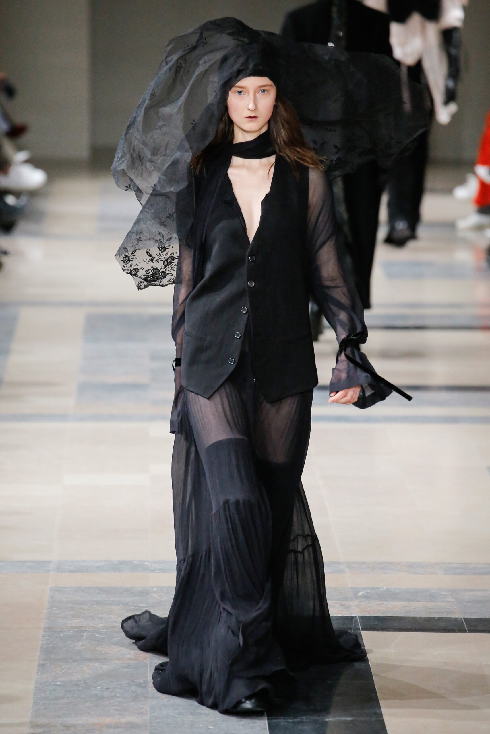 black sheer maxi dress and vest