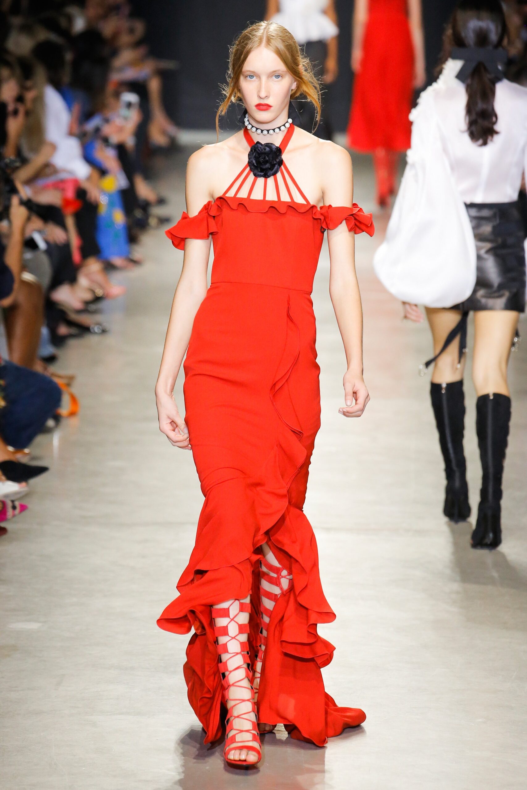 red silk off-shoulder gown