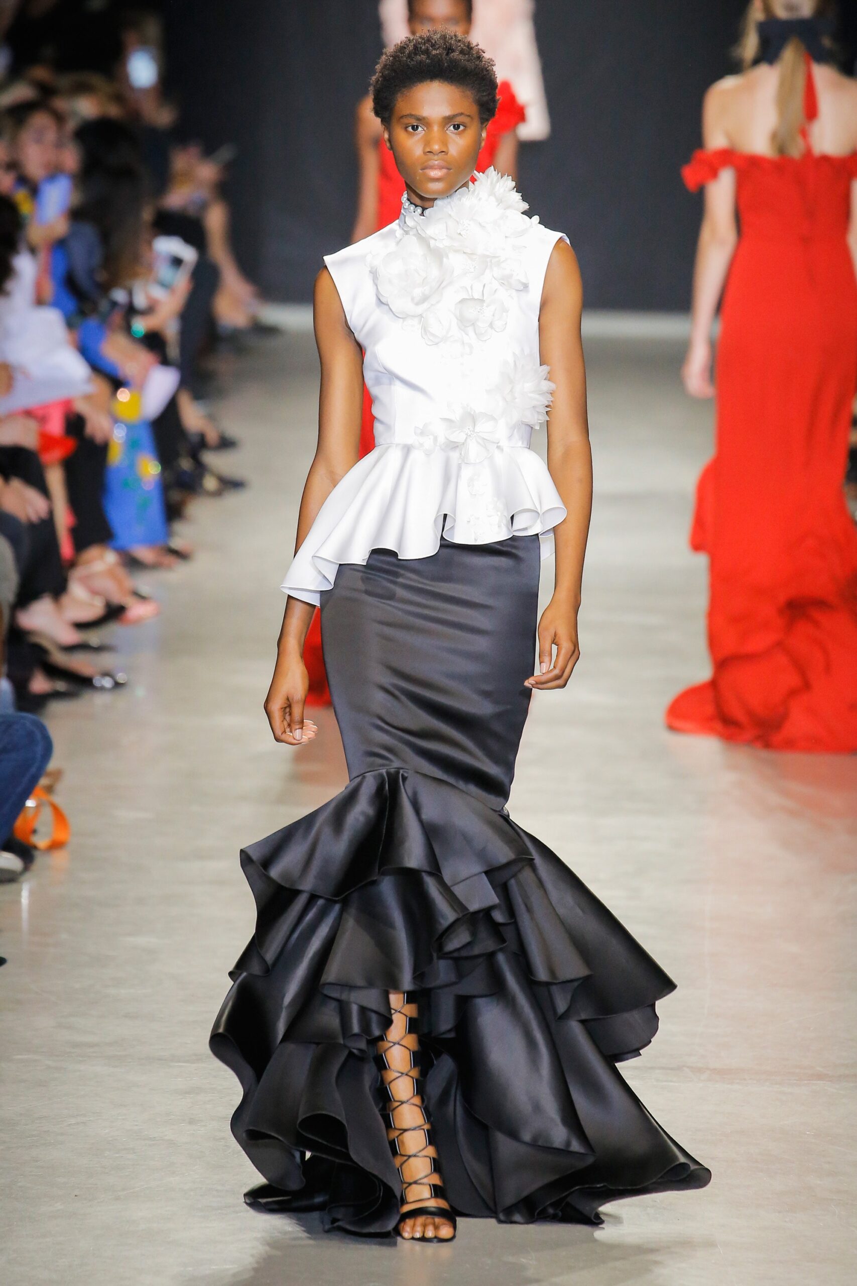 white silk sleeveless high-neck fitted ruffled top