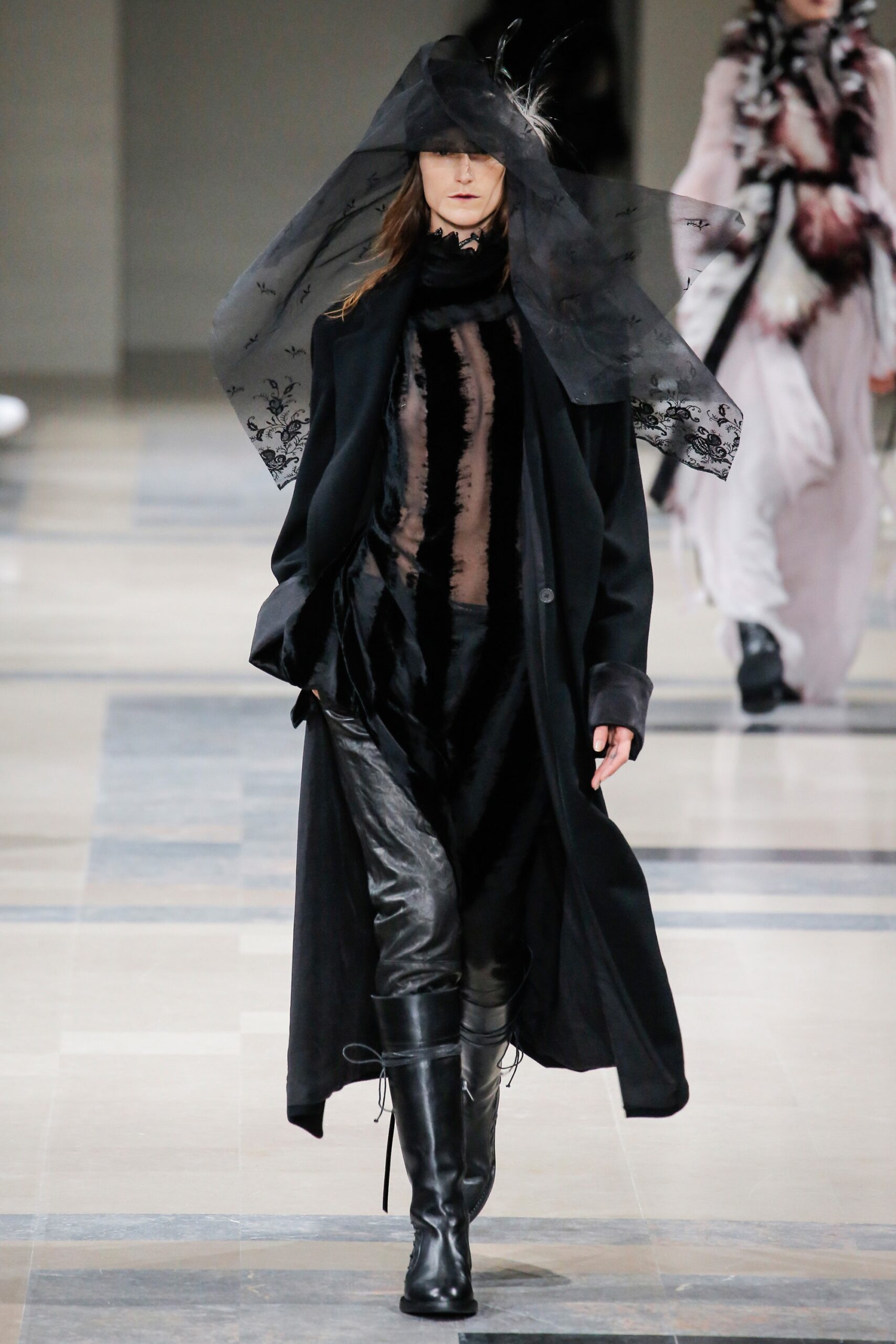 black wool coat with sheer top