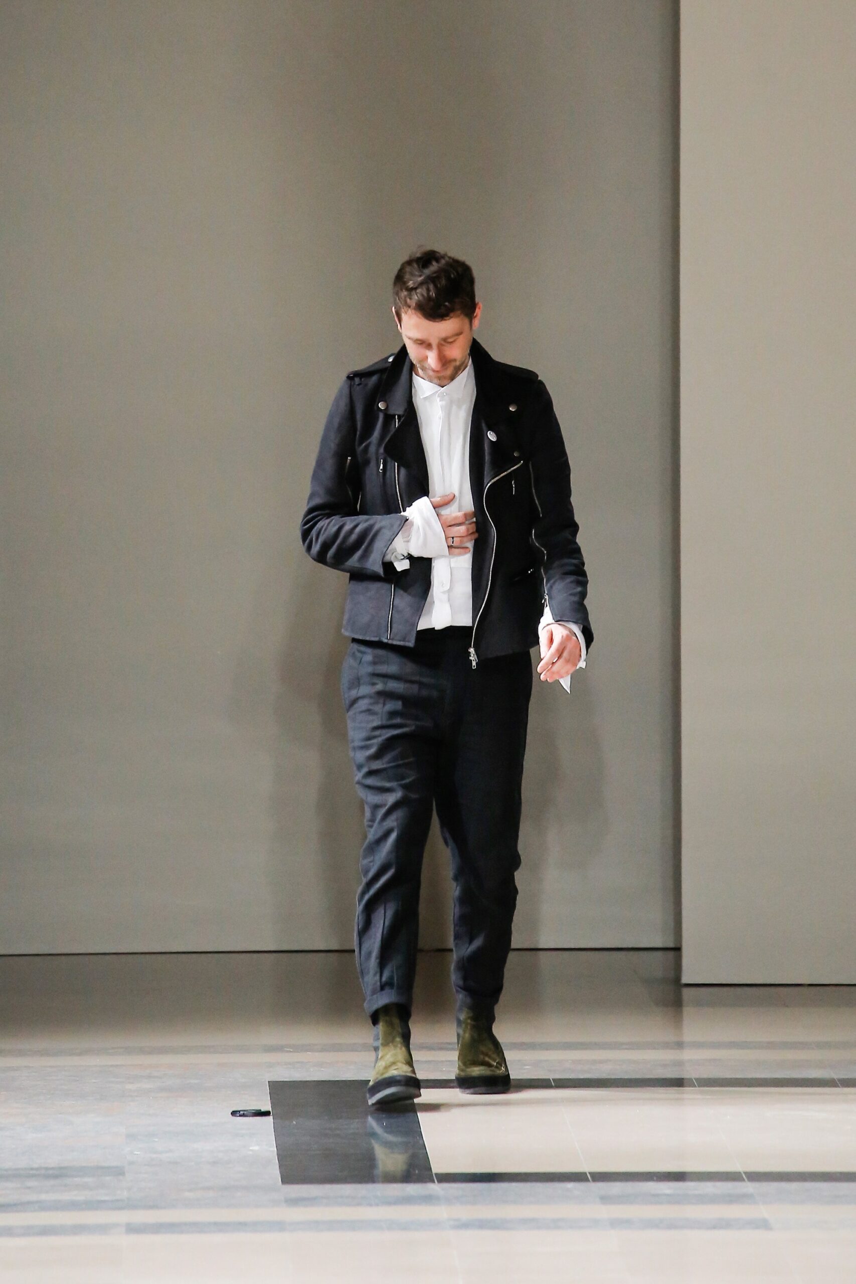 black leather jacket with white shirt