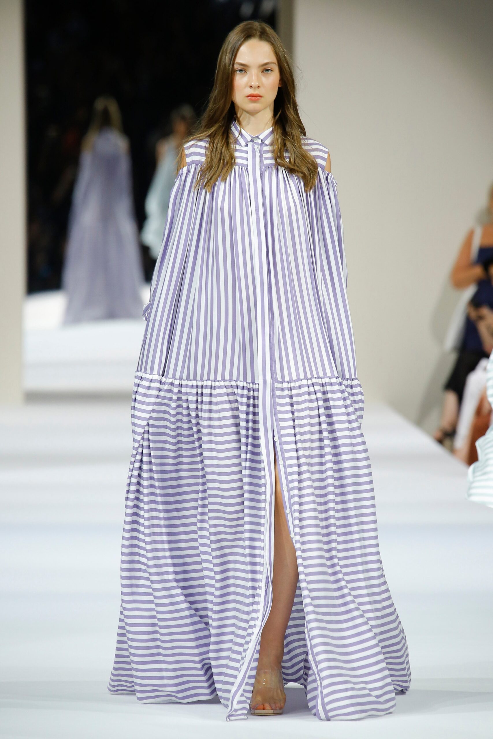 purple and white striped maxi dress