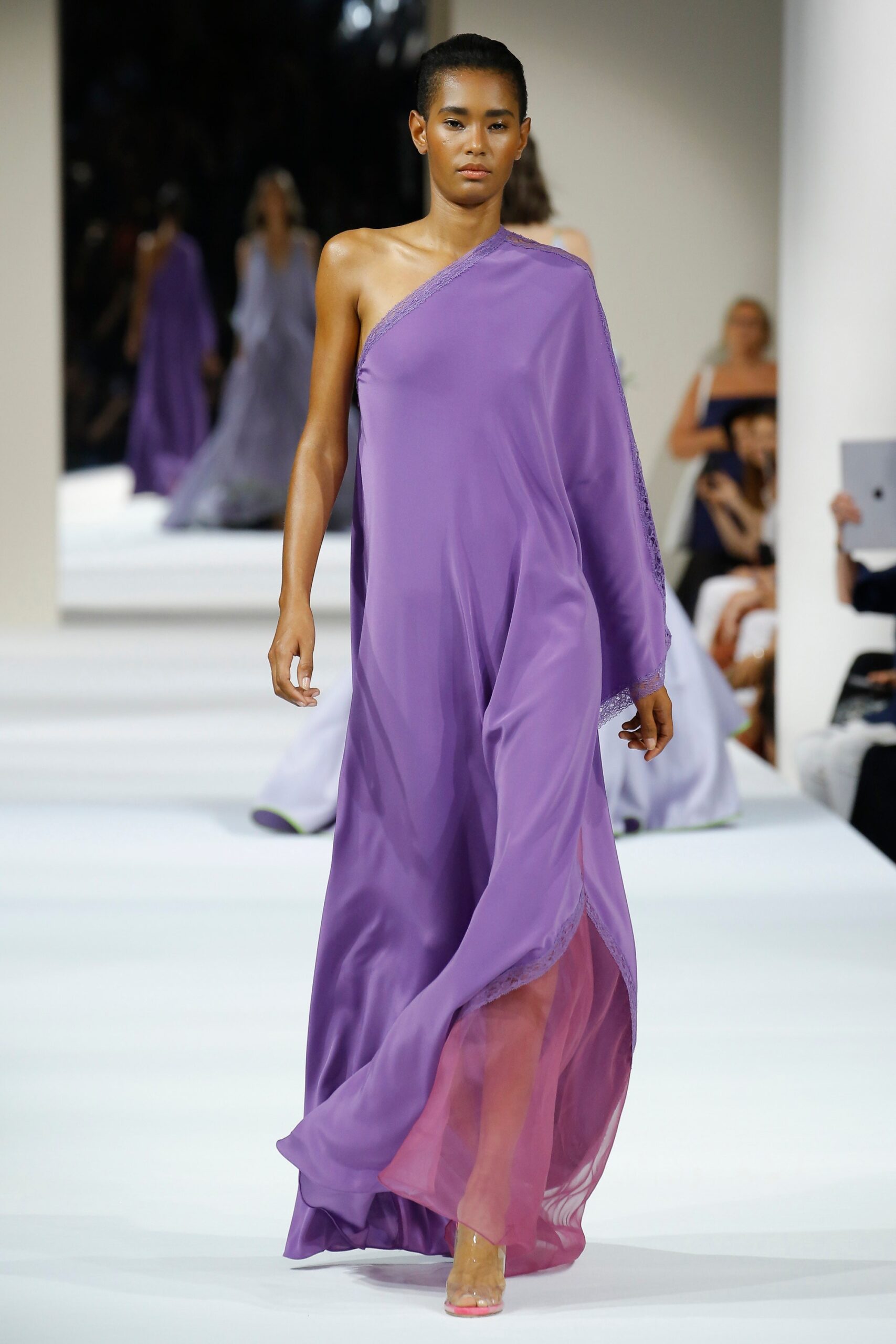 purple chiffon off-shoulder gown