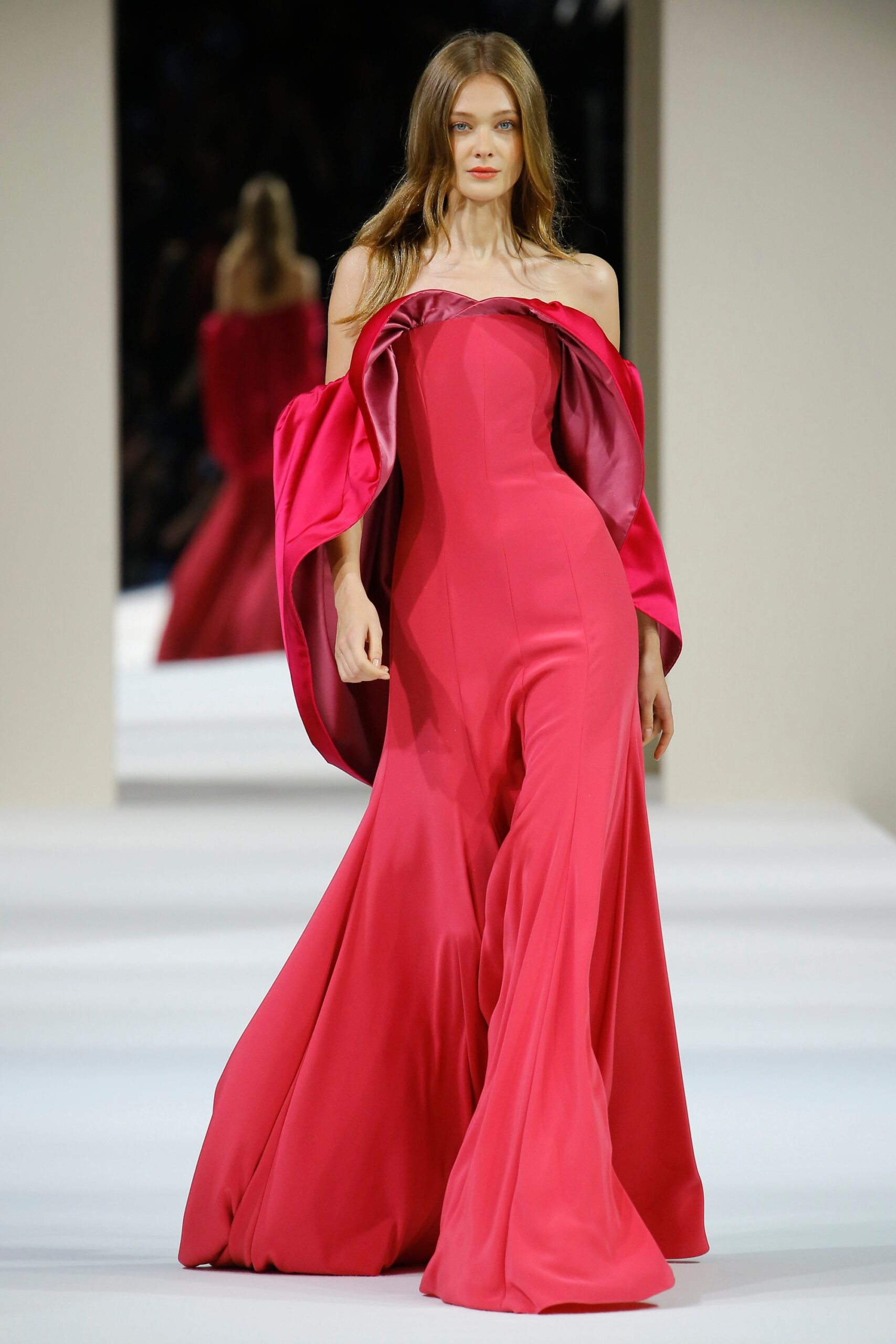 pink silk off-shoulder gown