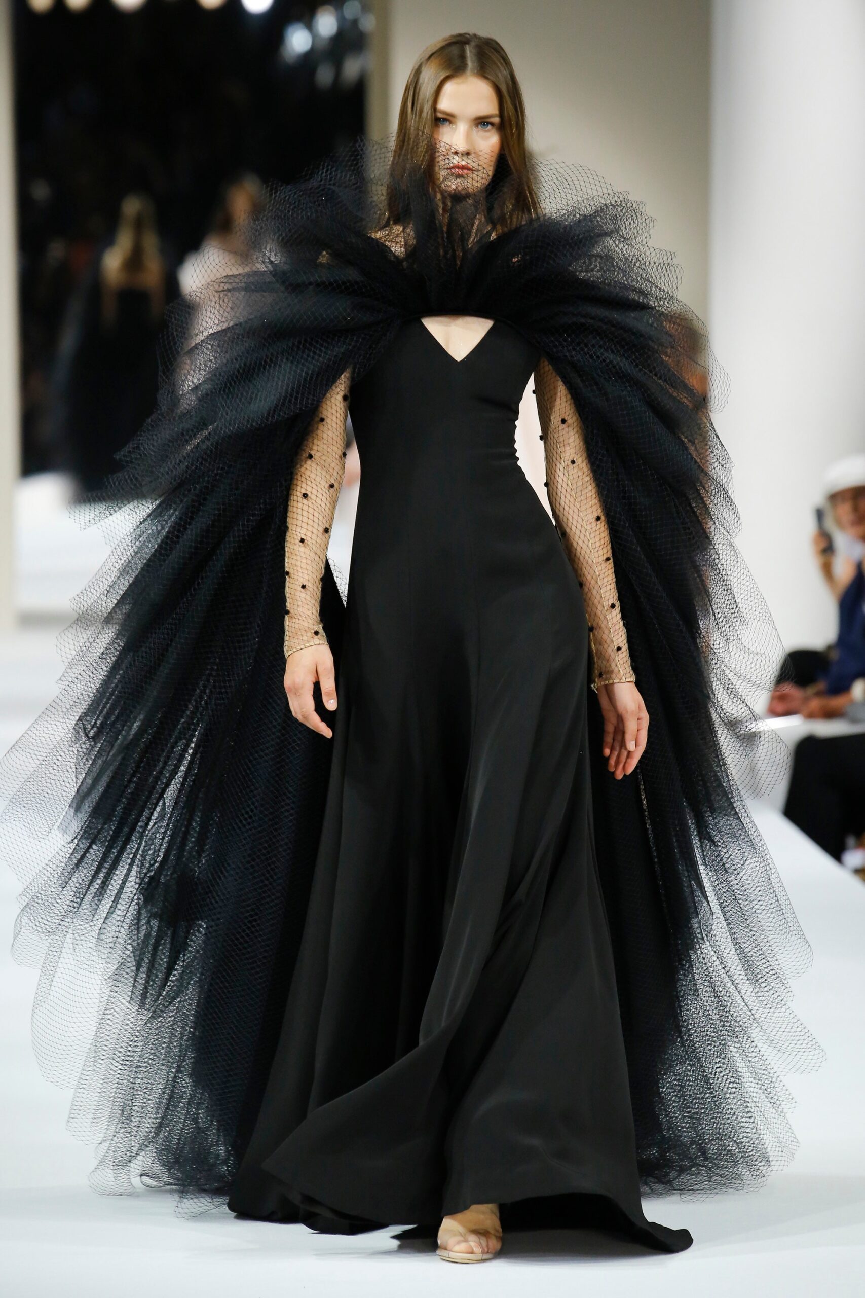 black tulle gown with cape